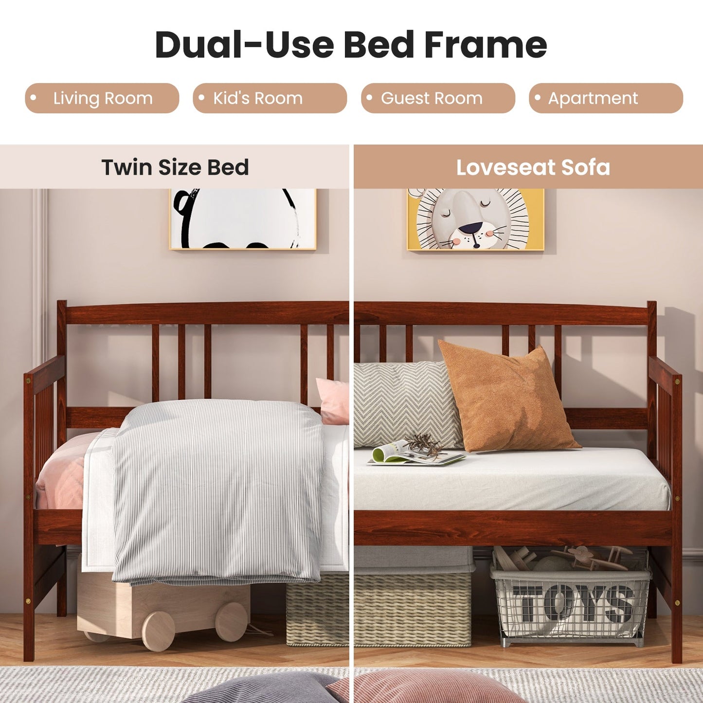 Twin Size Wooden Slats Daybed Bed with Rails