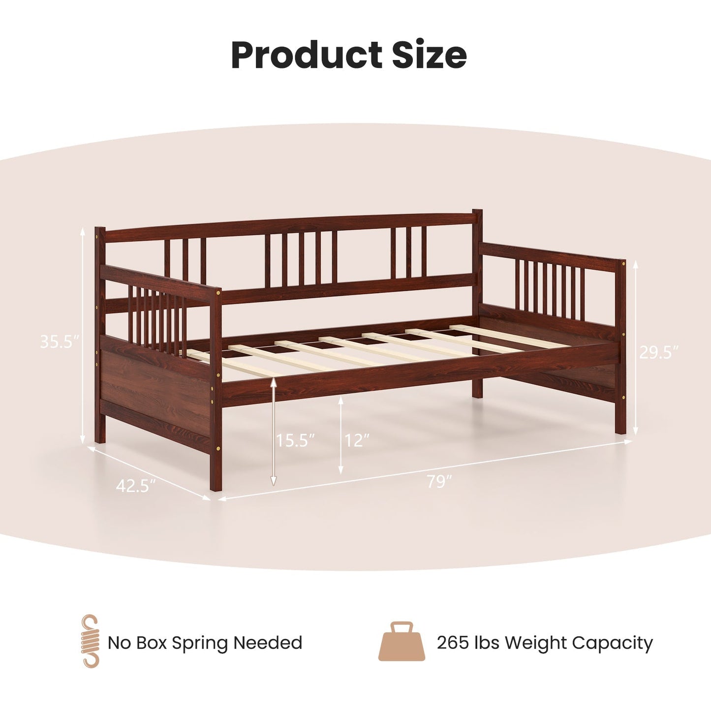 Twin Size Wooden Slats Daybed Bed with Rails