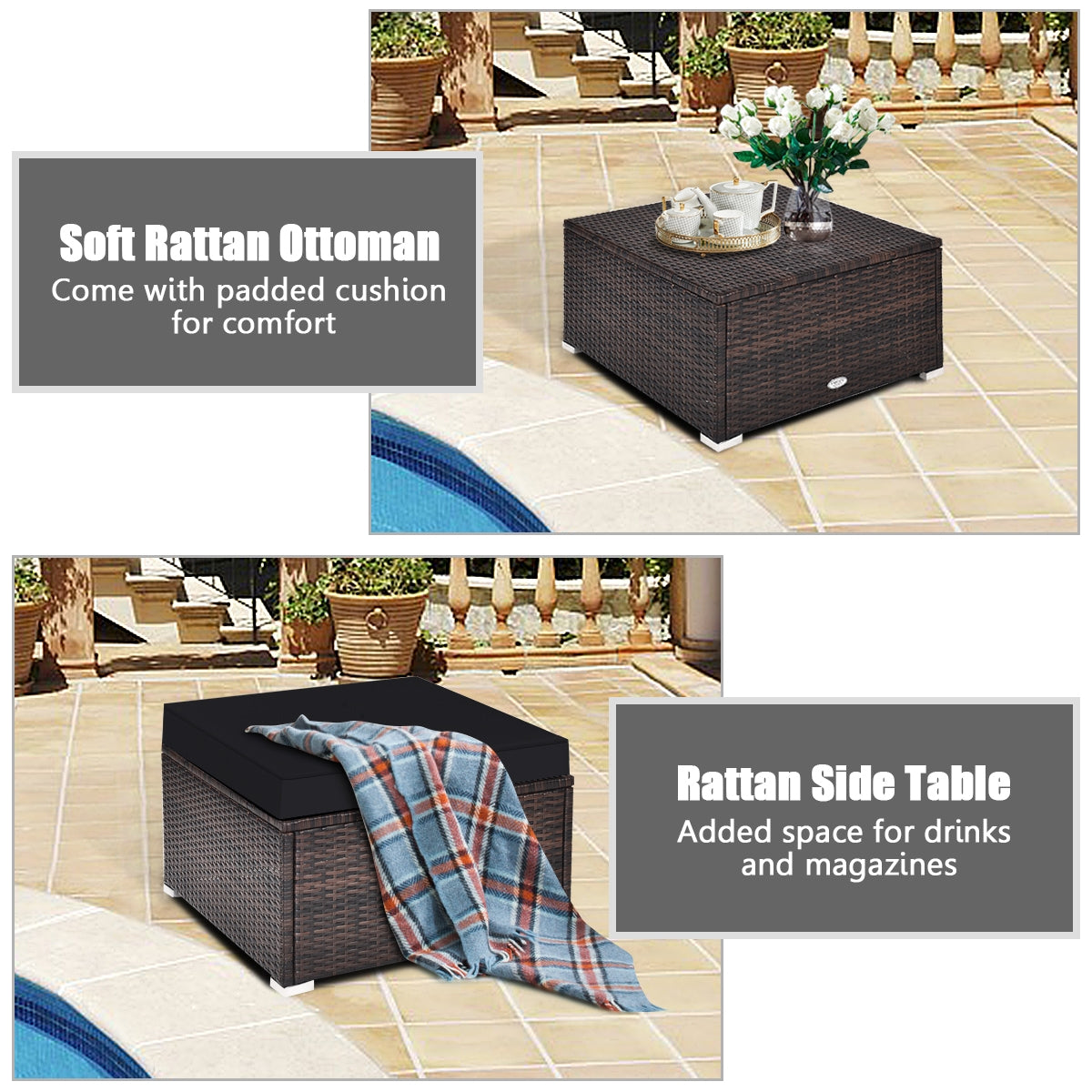 4 Pieces Ottoman Garden Patio Rattan Wicker Furniture Set with Cushion-Gray