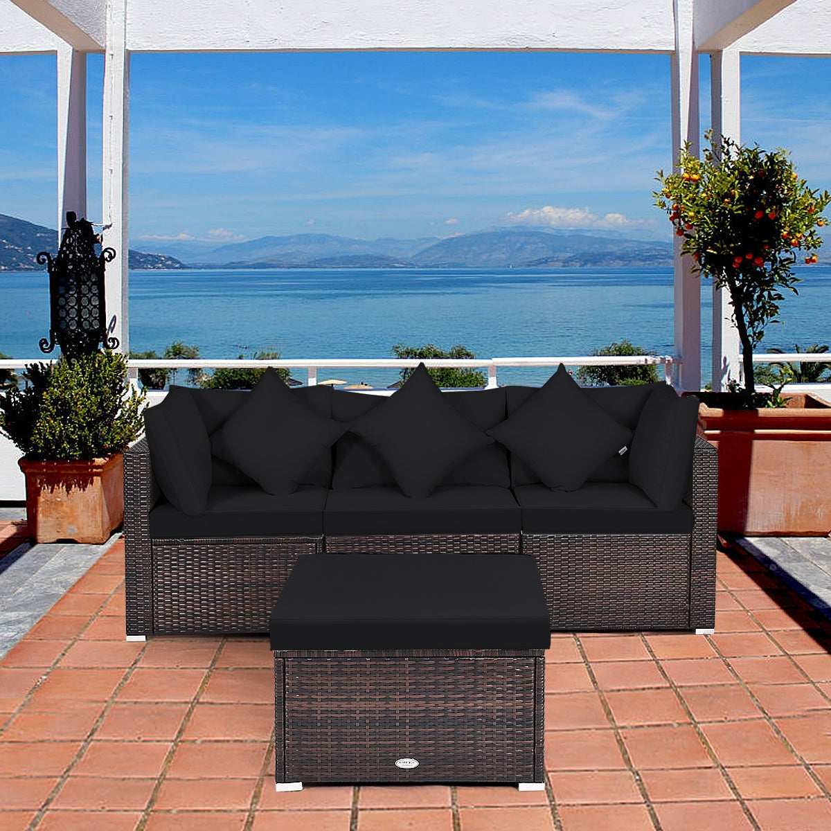 4 Pieces Ottoman Garden Patio Rattan Wicker Furniture Set with Cushion-Gray