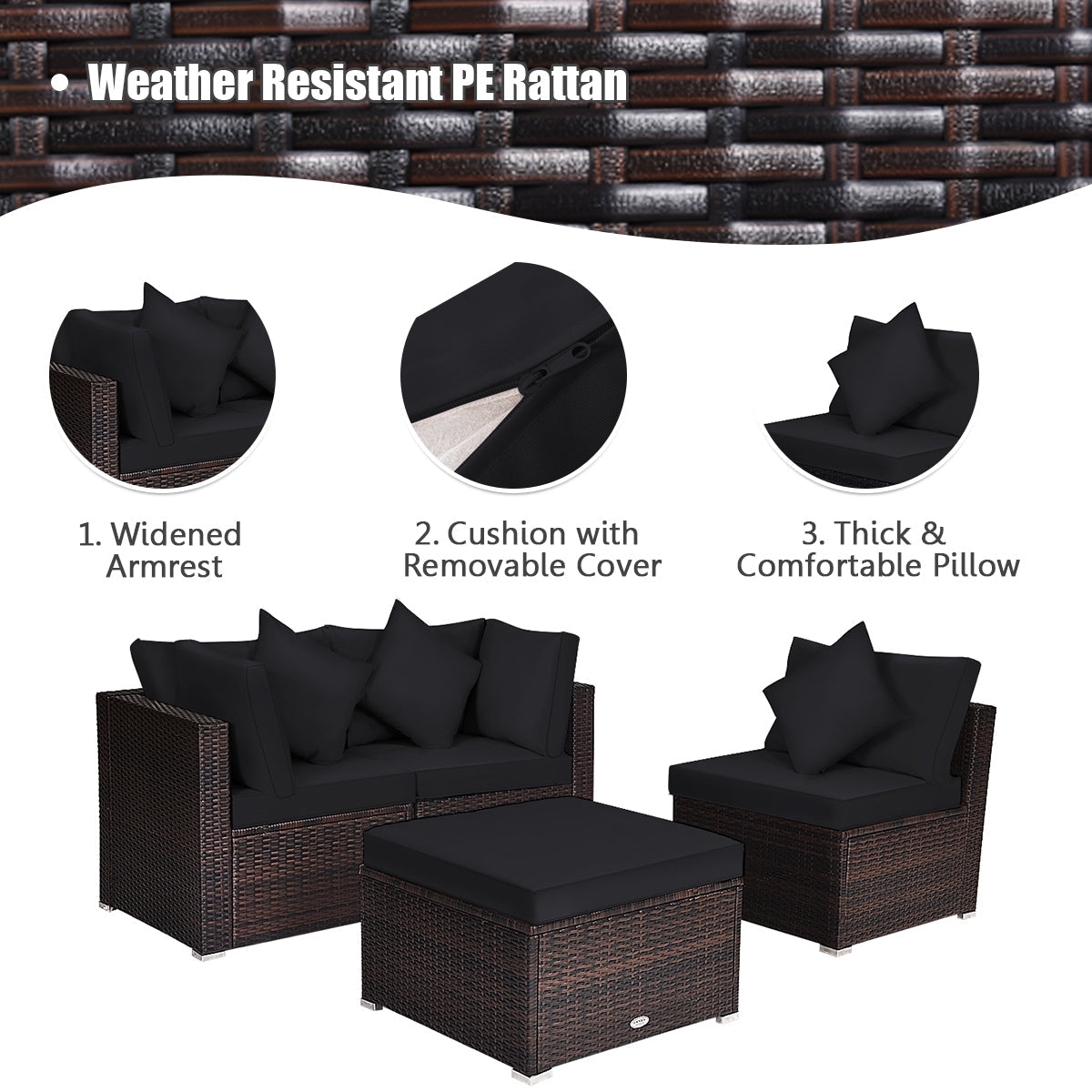 4 Pieces Ottoman Garden Patio Rattan Wicker Furniture Set with Cushion-Gray
