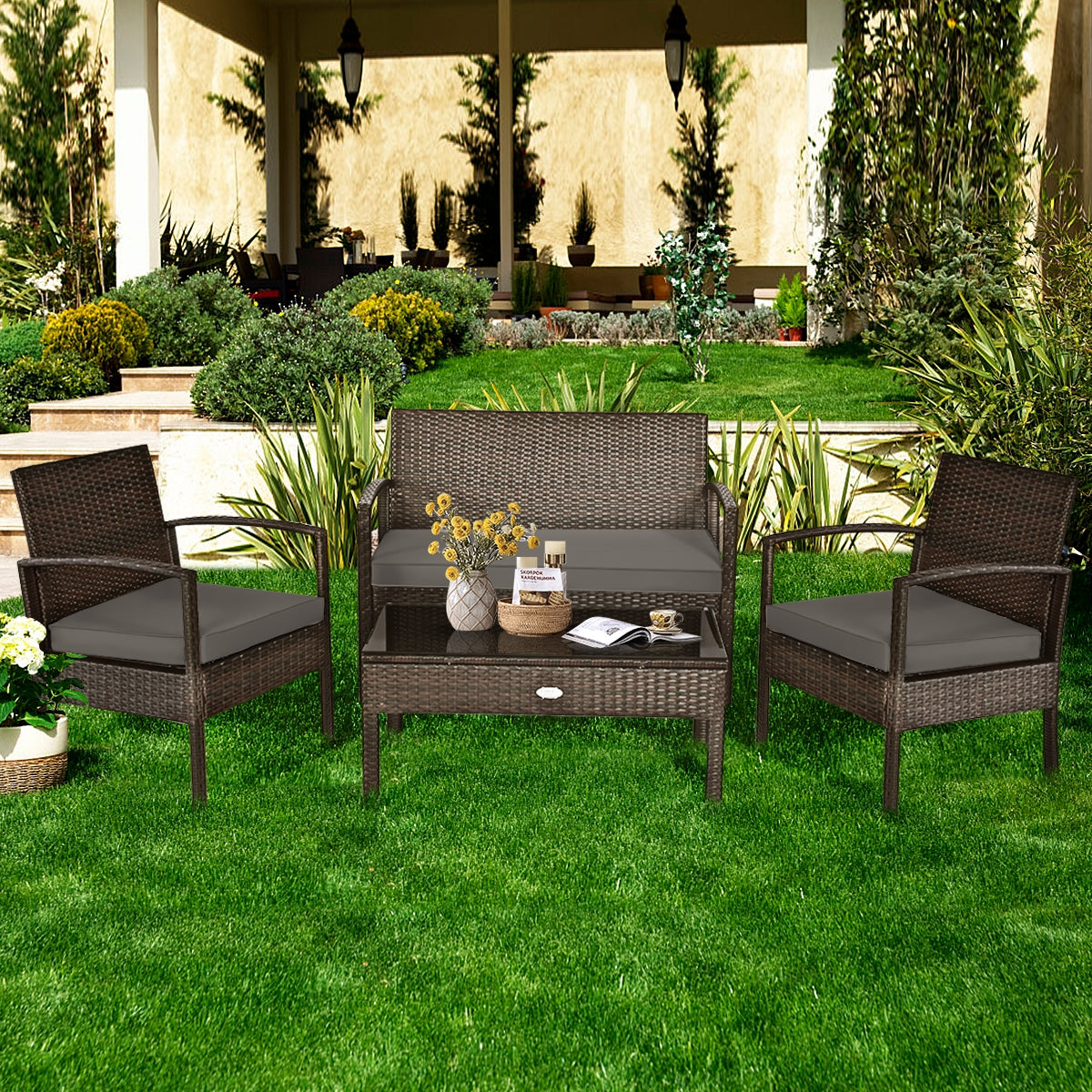 4 Pieces Patio Rattan Cushioned Furniture Set