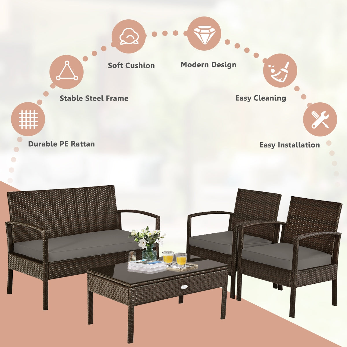 4 Pieces Patio Rattan Cushioned Furniture Set