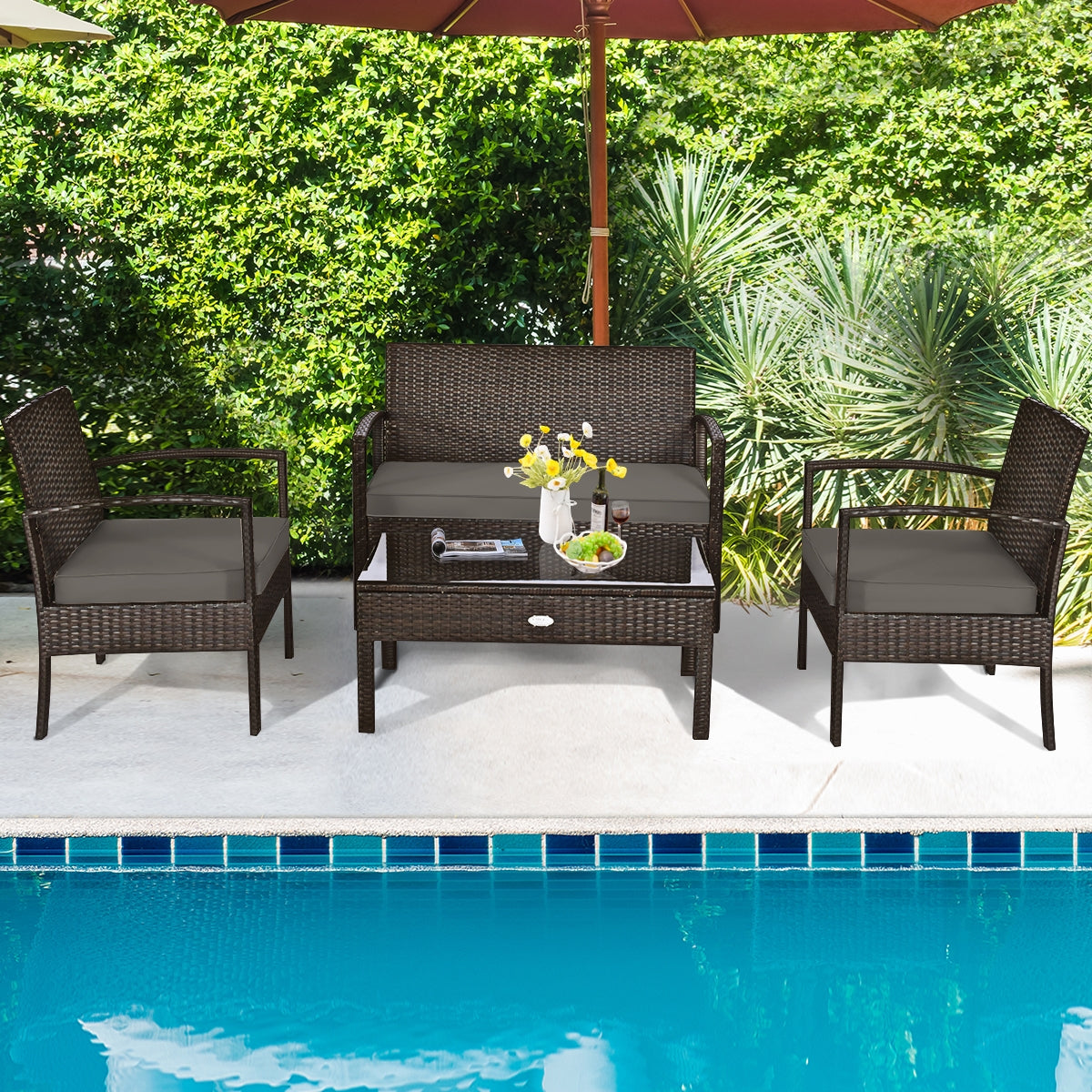 4 Pieces Patio Rattan Cushioned Furniture Set