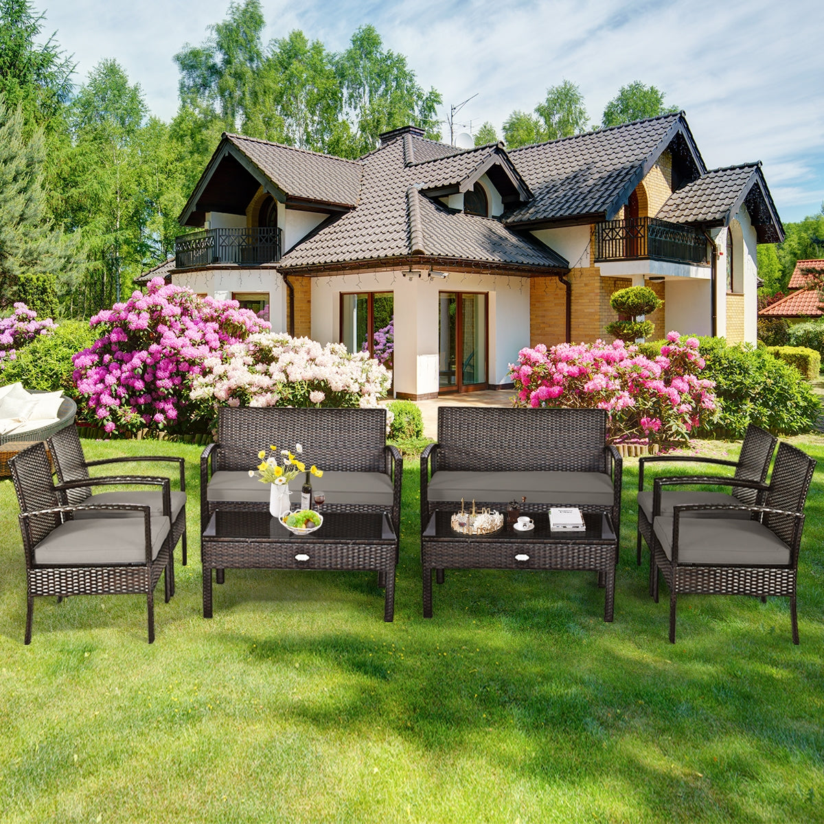 4 Pieces Patio Rattan Cushioned Furniture Set