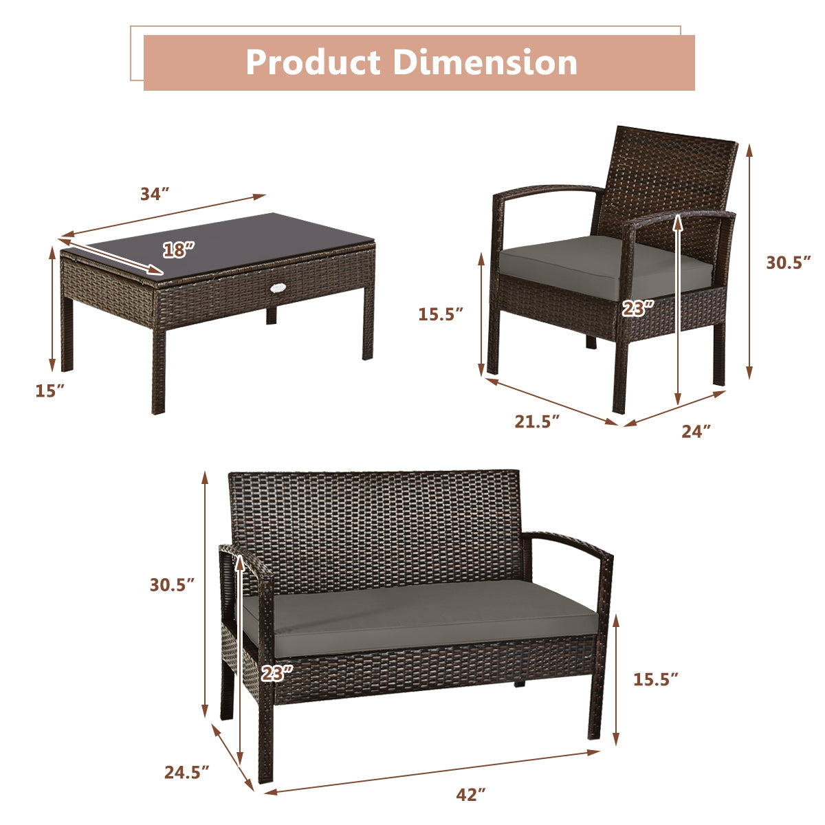 4 Pieces Patio Rattan Cushioned Furniture Set