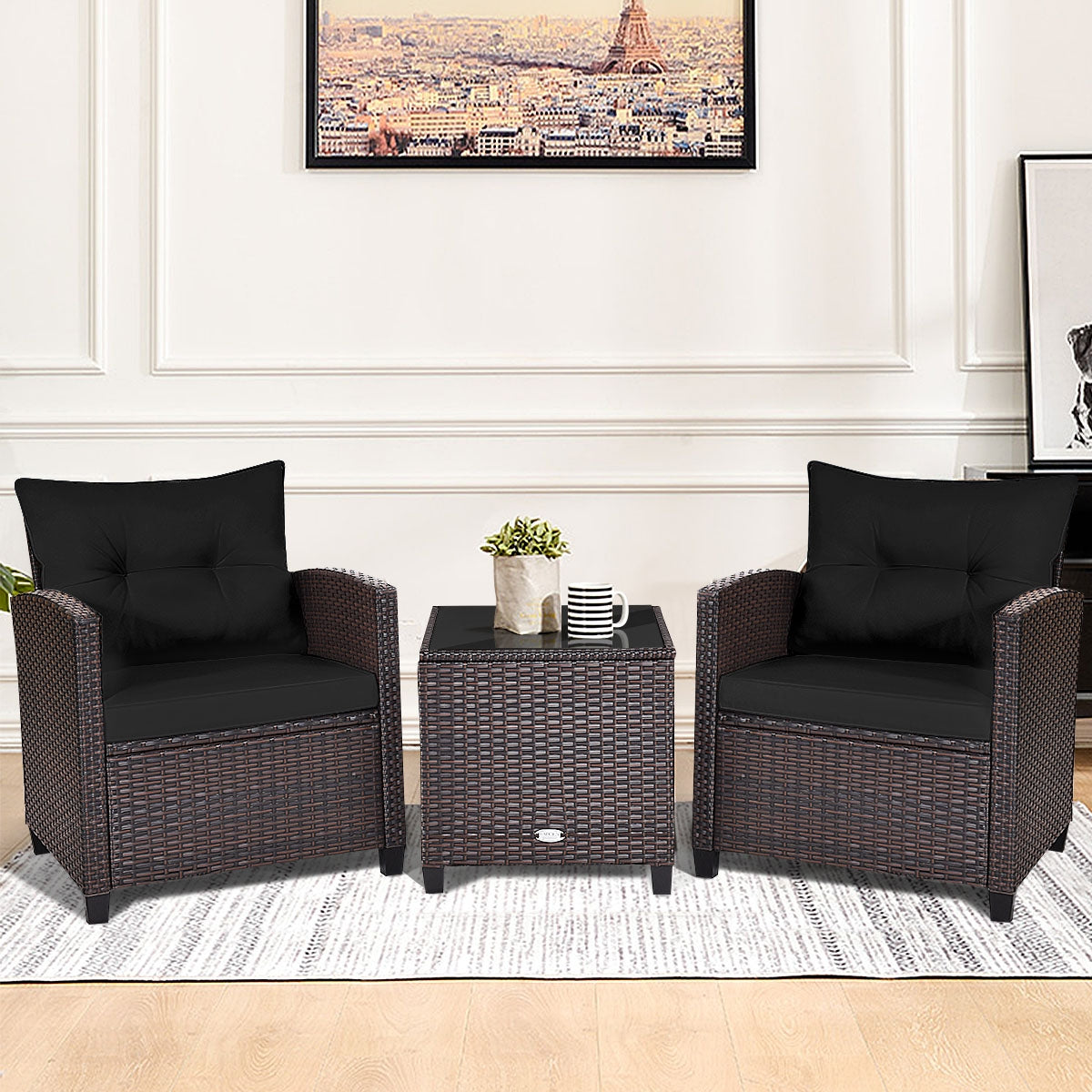 3 Pcs Patio Rattan Furniture Set Cushioned Conversation Set Coffee Table-Beige