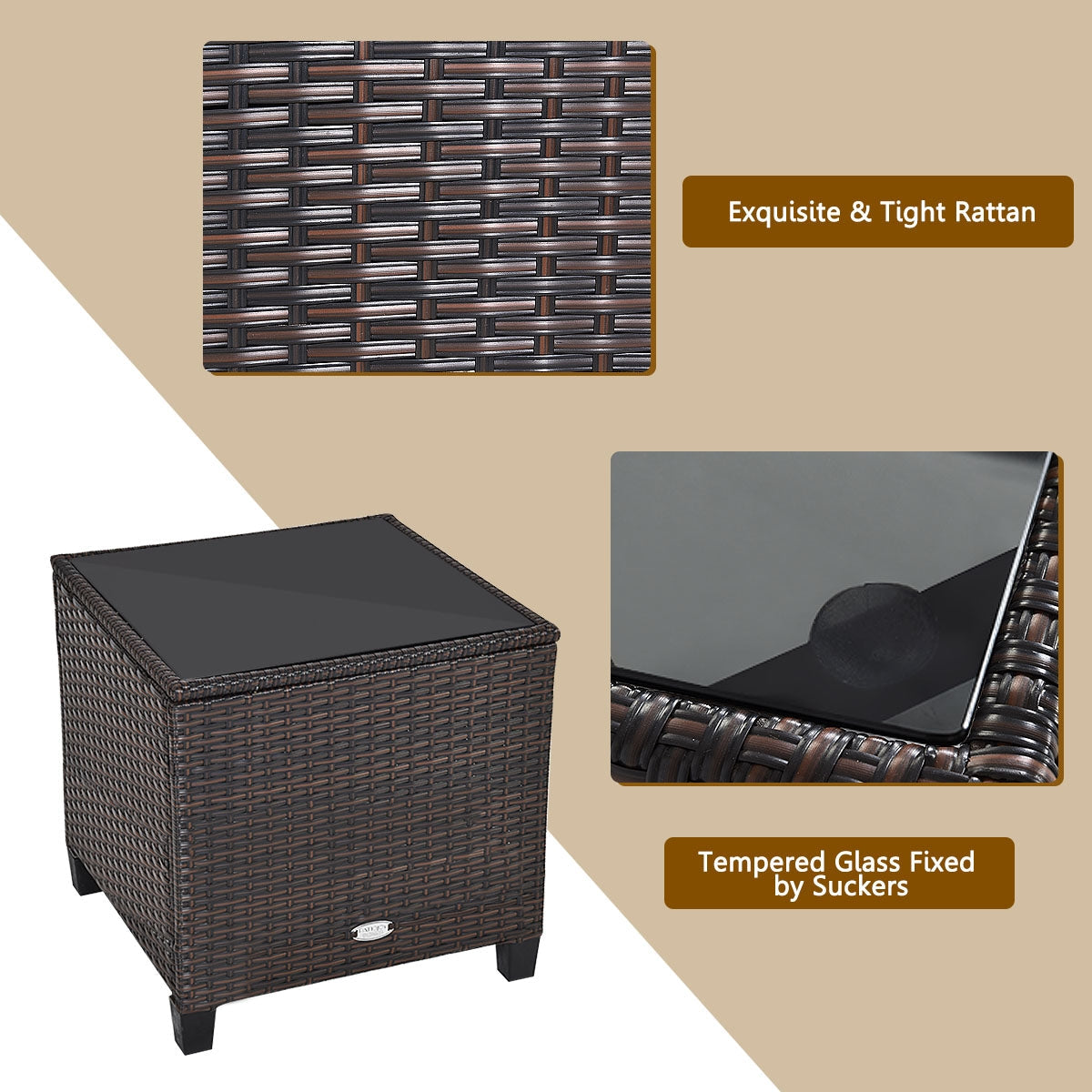 3 Pcs Patio Rattan Furniture Set Cushioned Conversation Set Coffee Table-Beige