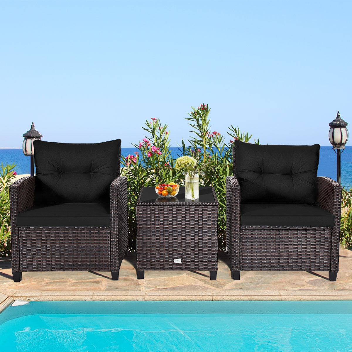 3 Pcs Patio Rattan Furniture Set Cushioned Conversation Set Coffee Table-Beige