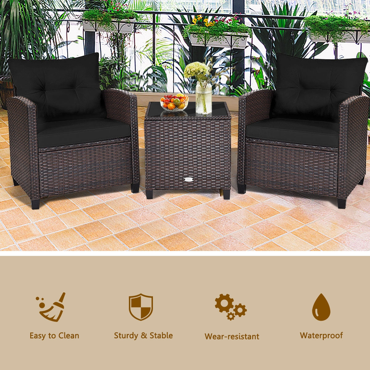 3 Pcs Patio Rattan Furniture Set Cushioned Conversation Set Coffee Table-Beige