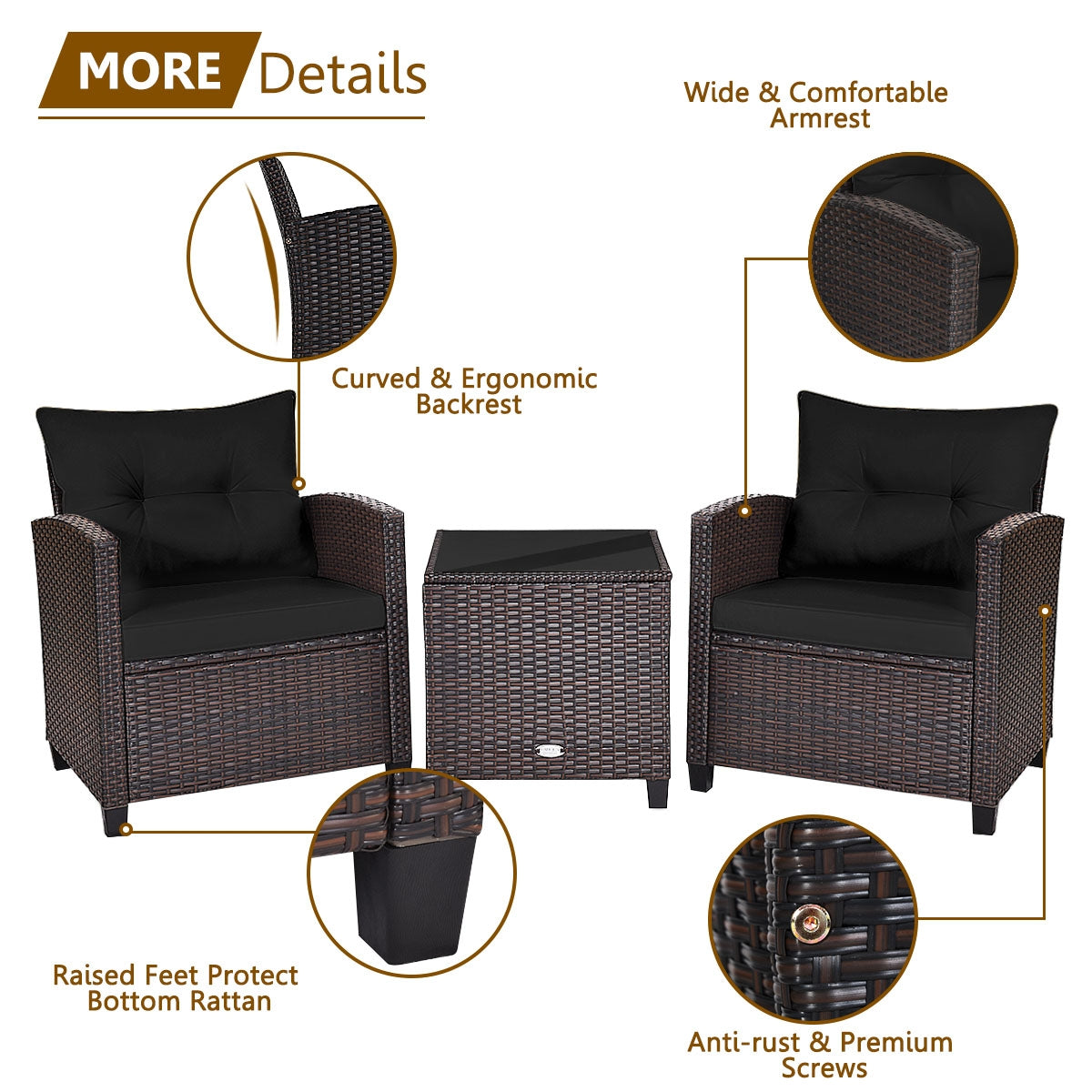 3 Pcs Patio Rattan Furniture Set Cushioned Conversation Set Coffee Table-Beige
