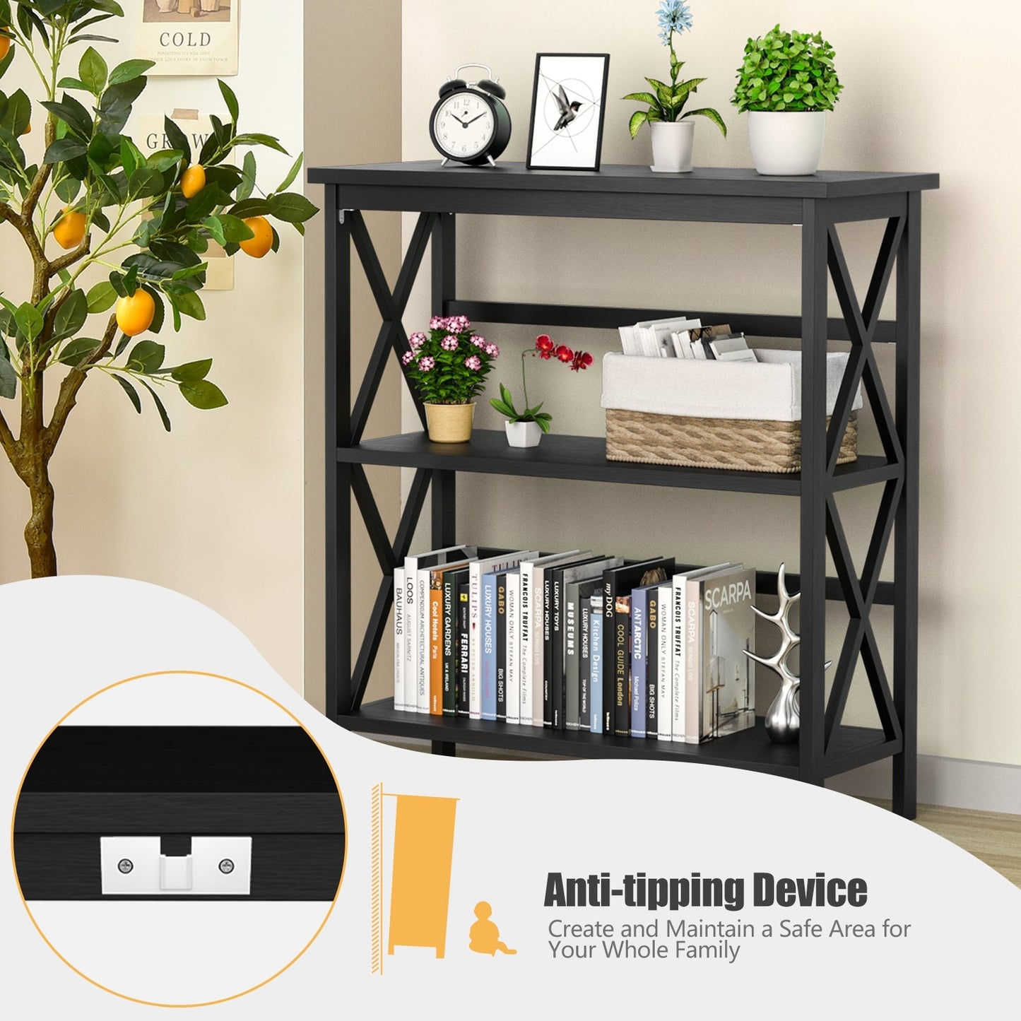 3-Tier Wooden Multi-Functional X-Design Etagere Storage Bookshelf