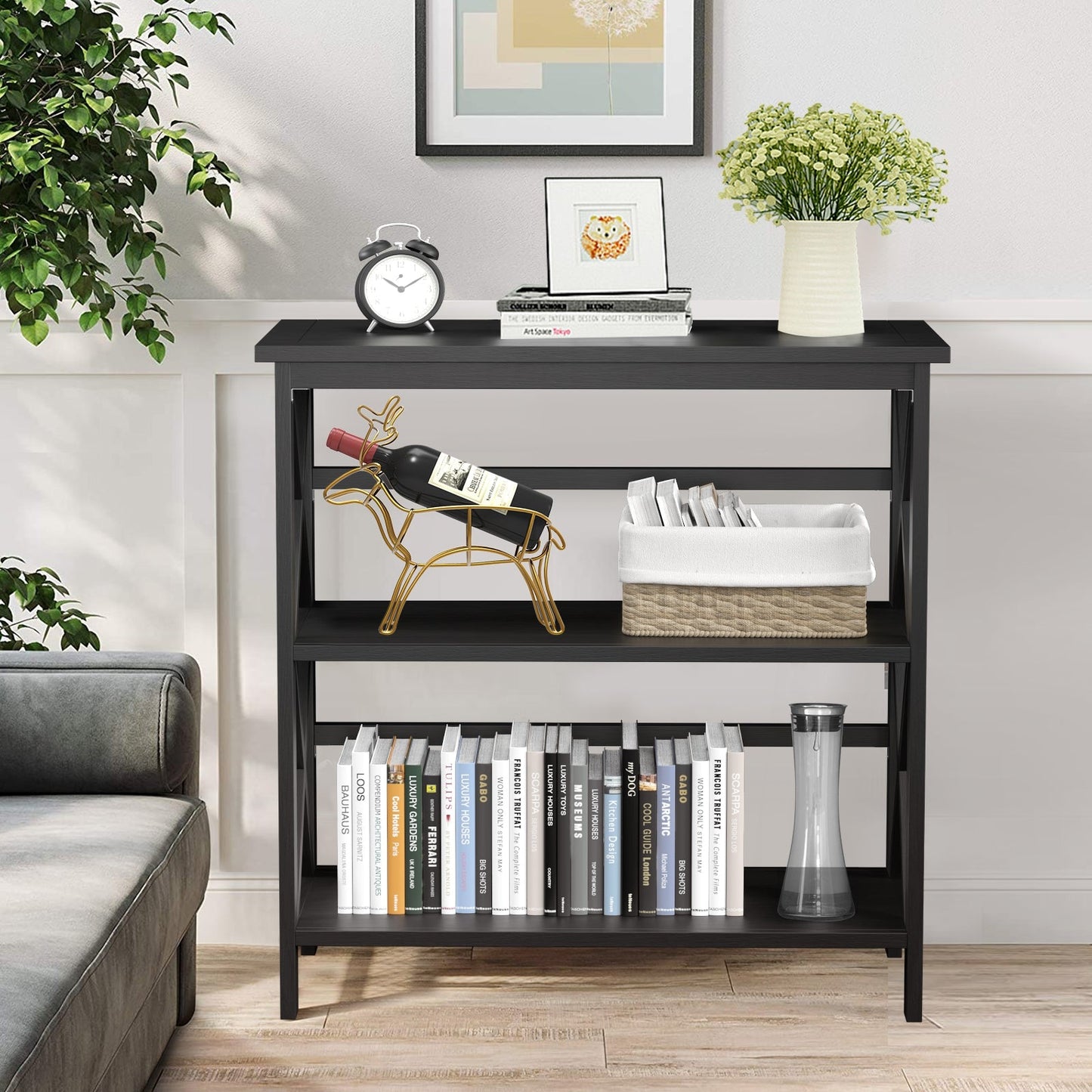 3-Tier Wooden Multi-Functional X-Design Etagere Storage Bookshelf