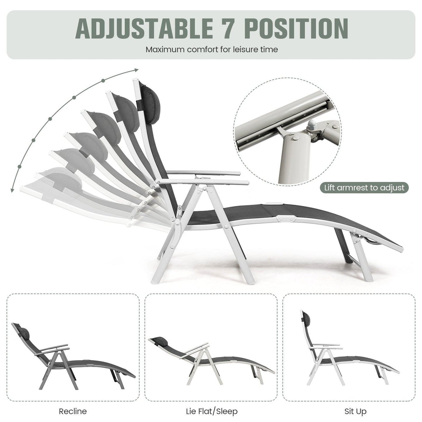 Adjustable Outdoor Lightweight Folding Chaise Lounge Chair with Pillow