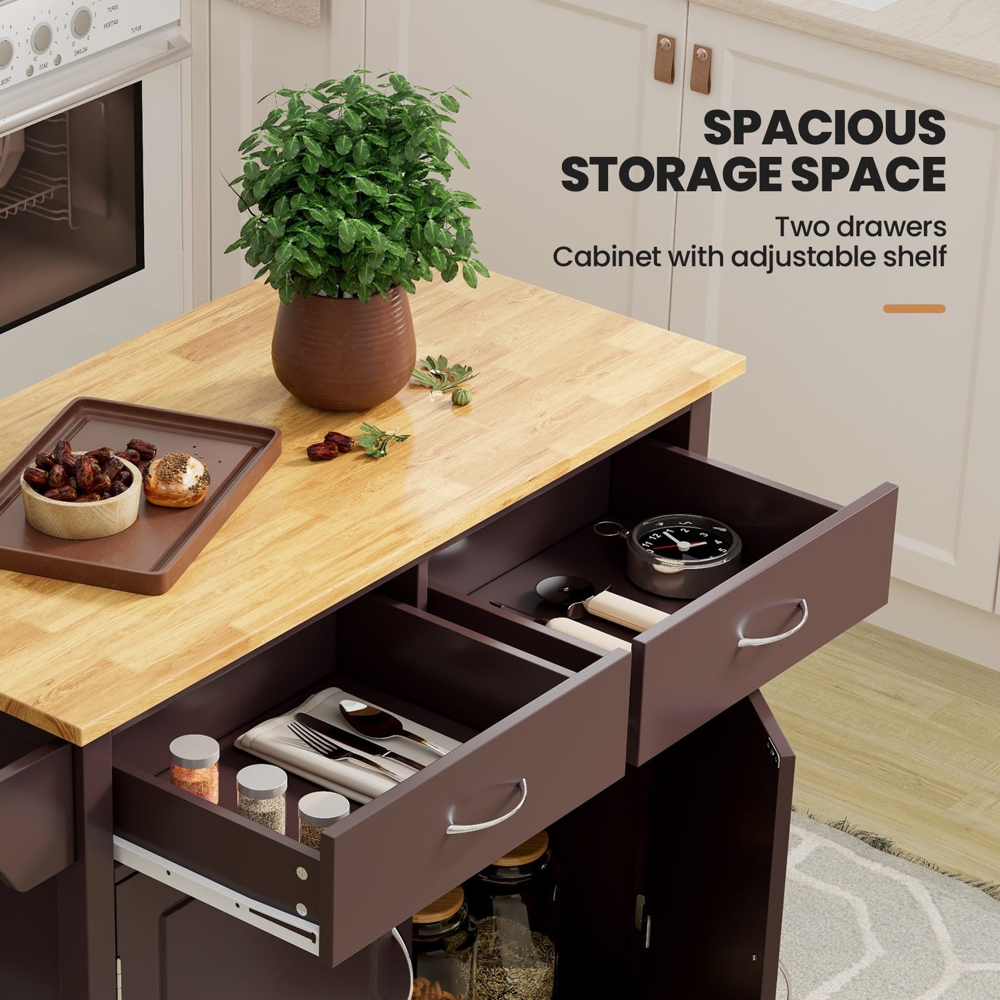 Modern Rolling Kitchen Cart Island with Wooden Top
