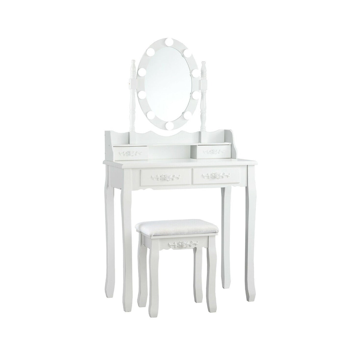 Makeup Dressing Table with Touch Switch Lighted Mirror and Cushioned Stool