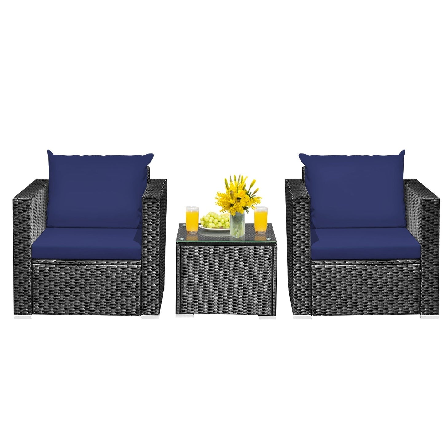 3 Pieces Patio Wicker Conversation Set with Cushion