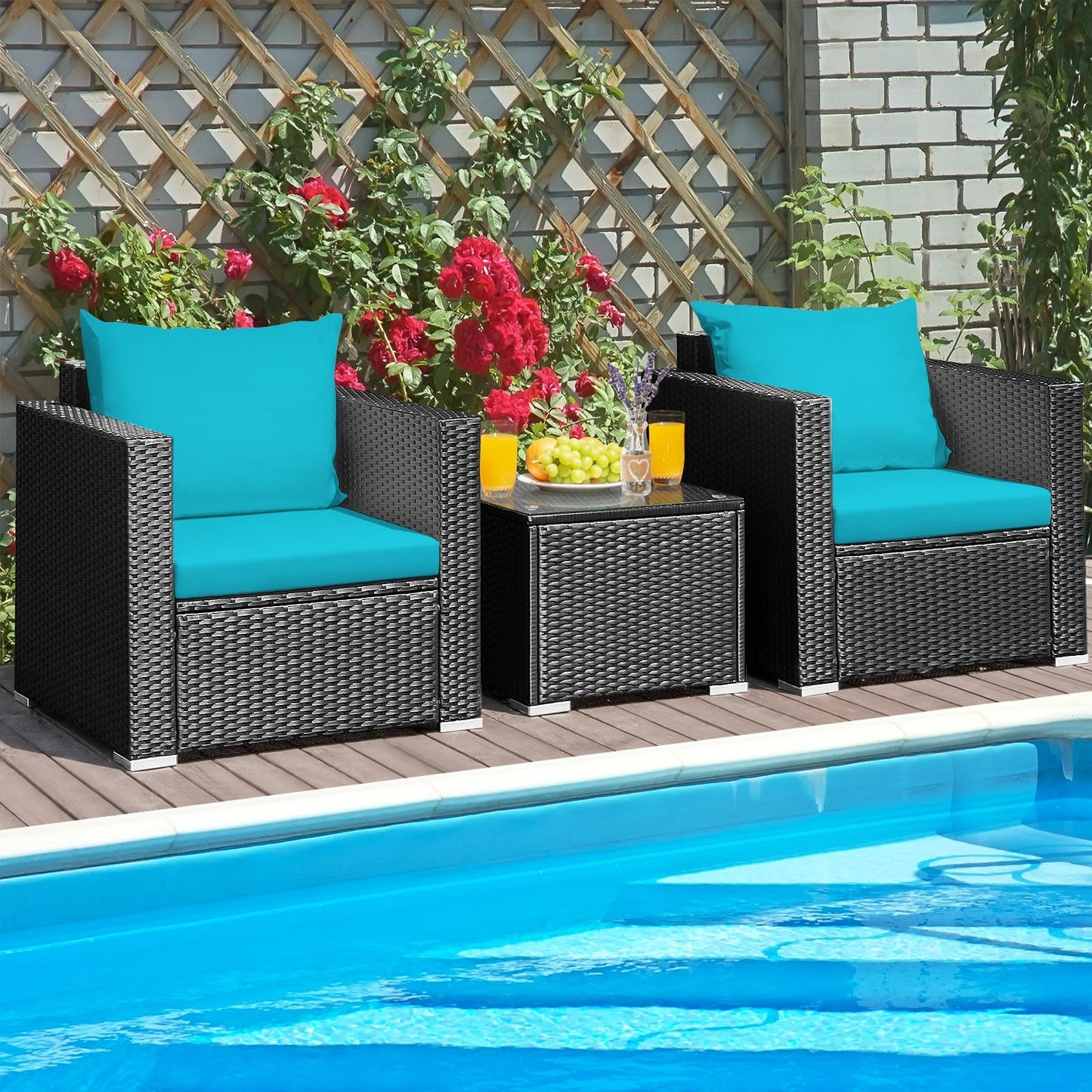 3 Pieces Patio Wicker Conversation Set with Cushion