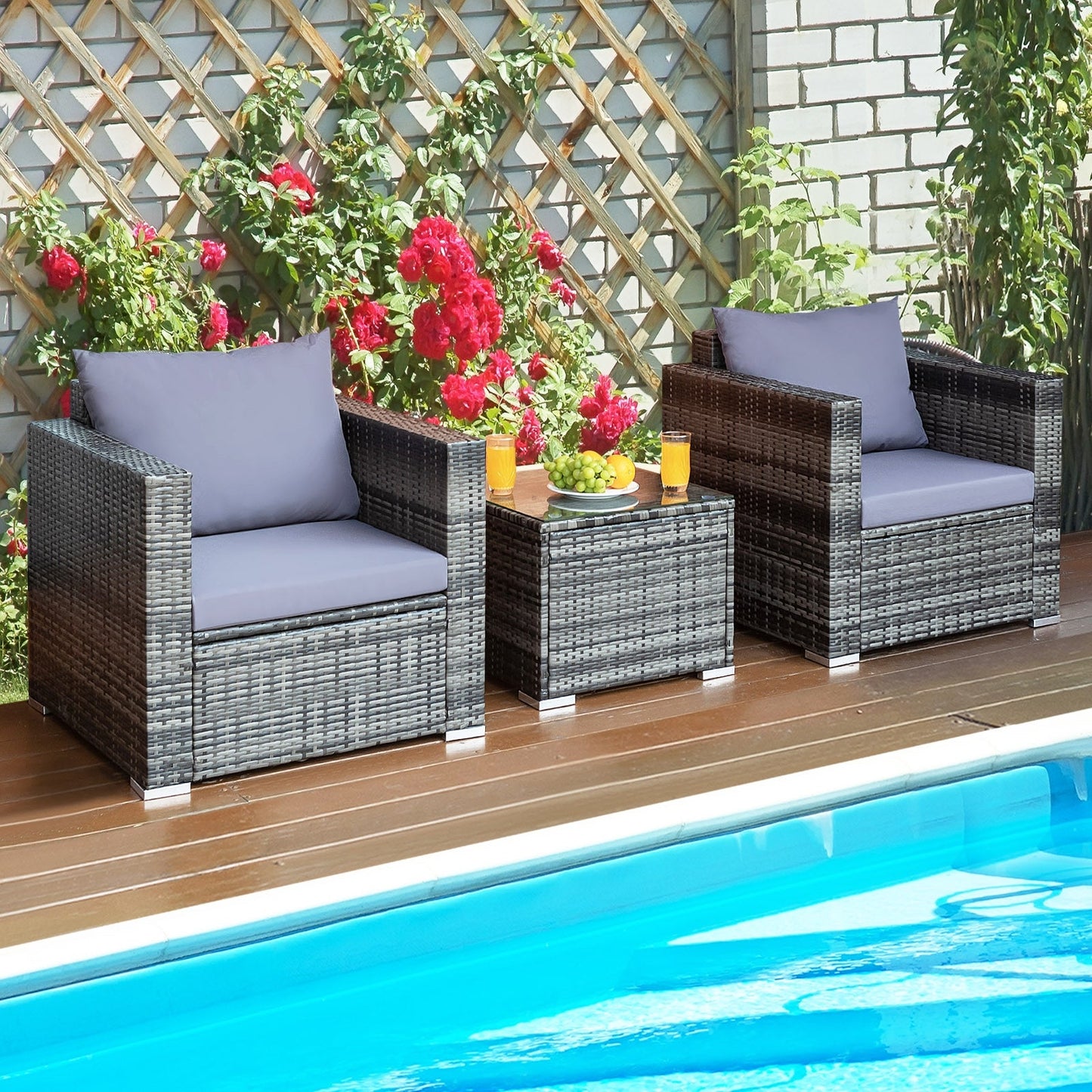 3 Pcs Patio Rattan Furniture Bistro Sofa Set with Cushioned-Navy