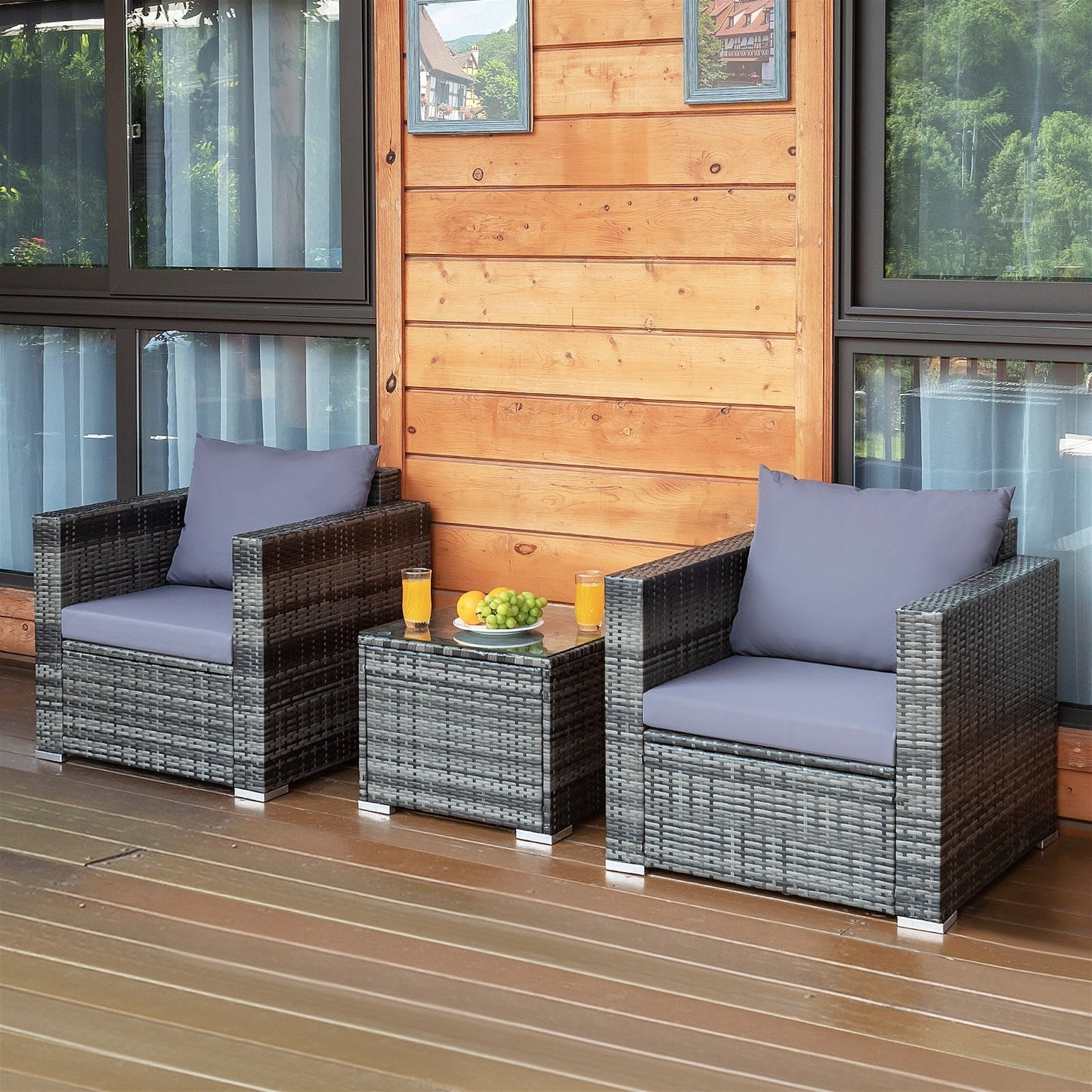 3 Pcs Patio Rattan Furniture Bistro Sofa Set with Cushioned-Navy