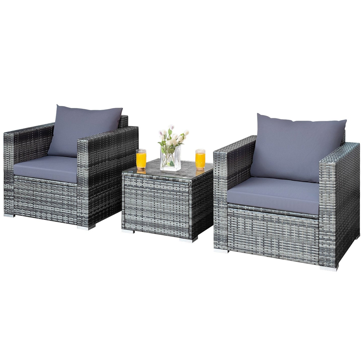 3 Pcs Patio Rattan Furniture Bistro Sofa Set with Cushioned-Navy