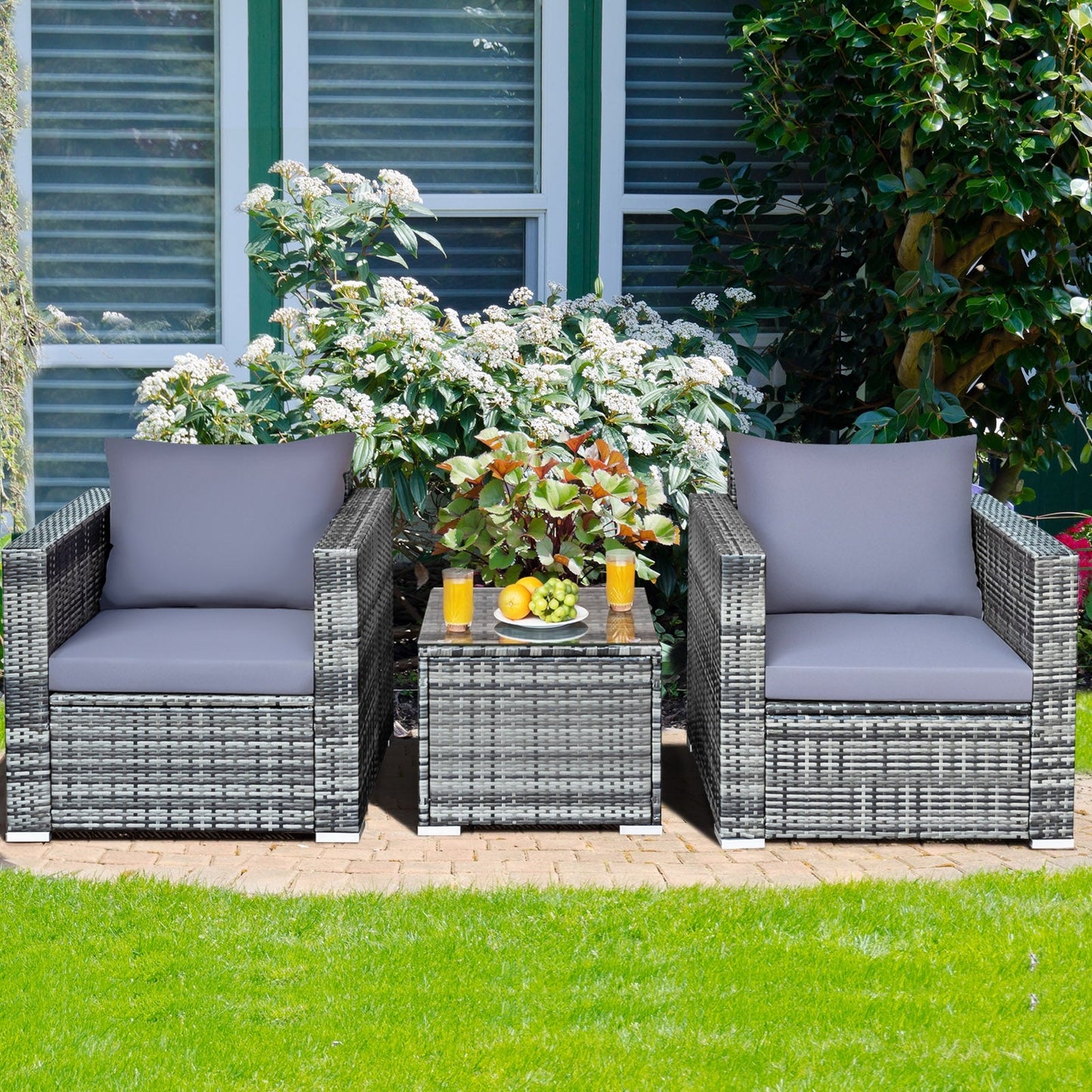 3 Pcs Patio Rattan Furniture Bistro Sofa Set with Cushioned-Navy