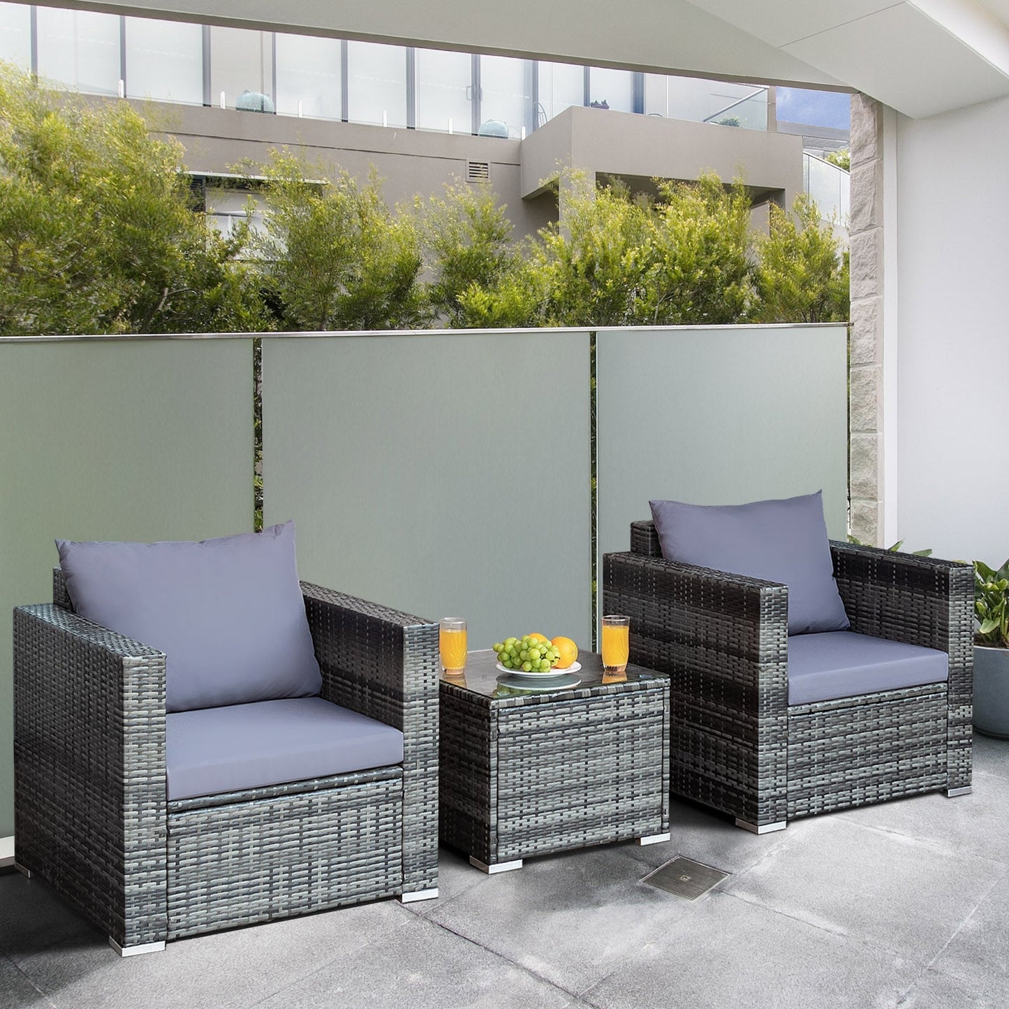 3 Pcs Patio Rattan Furniture Bistro Sofa Set with Cushioned-Navy