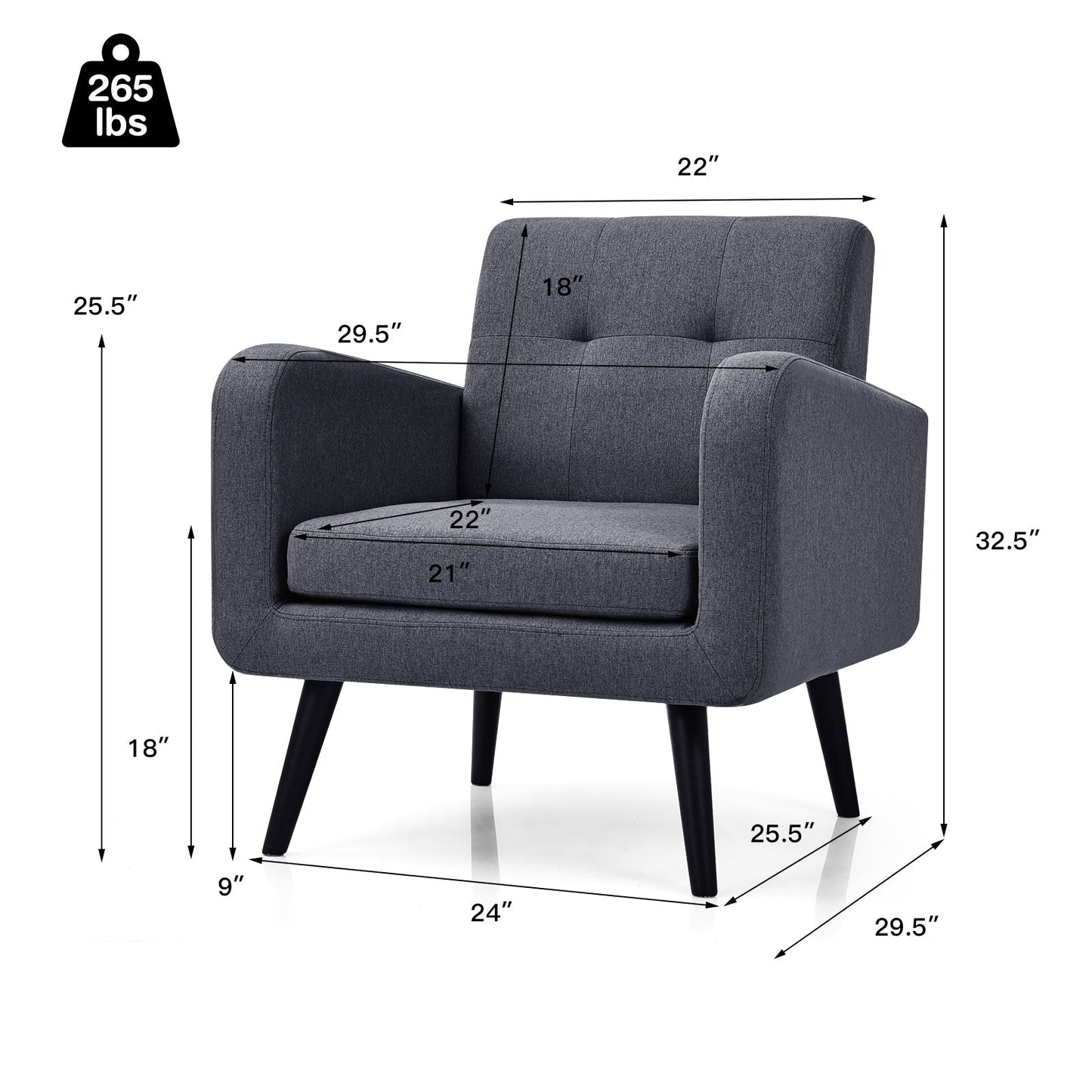 Modern Upholstered Comfy Accent Chair Single Sofa with Rubber Wood Legs