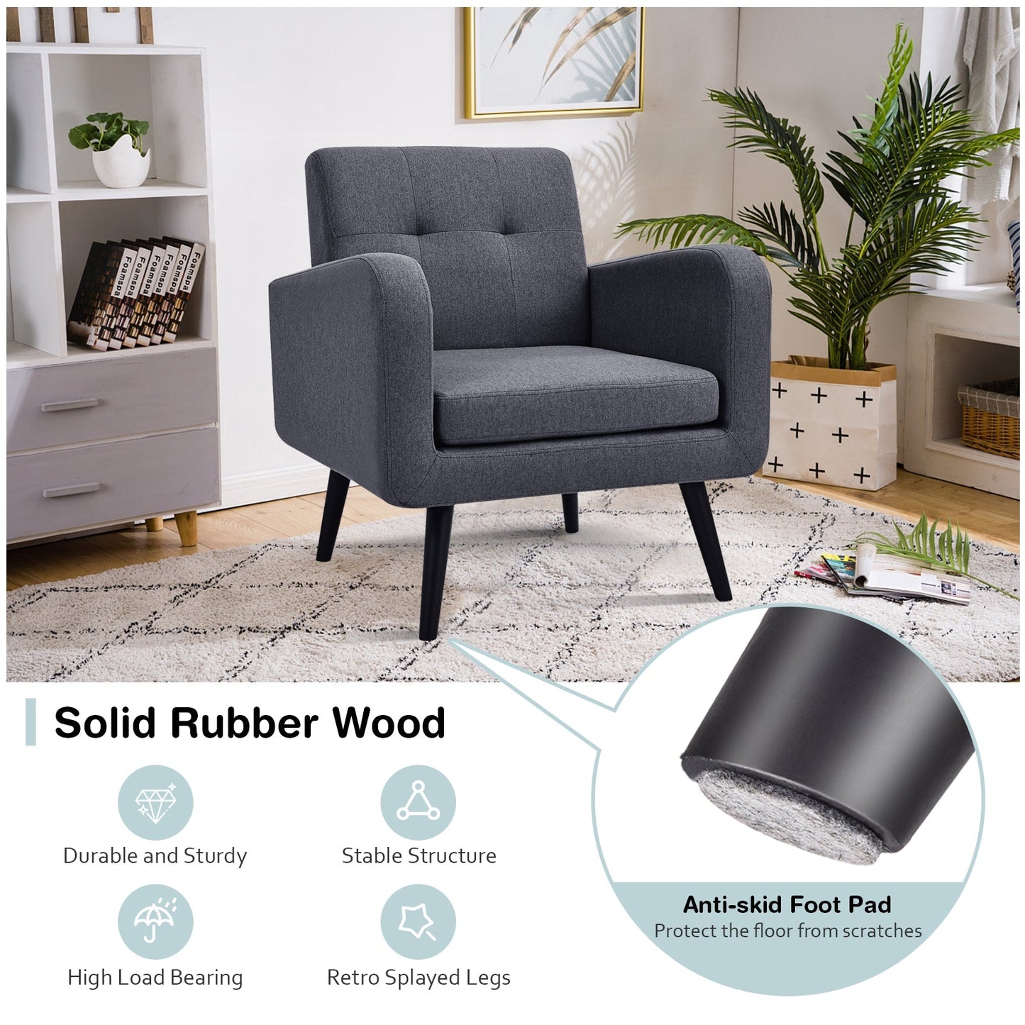 Modern Upholstered Comfy Accent Chair Single Sofa with Rubber Wood Legs