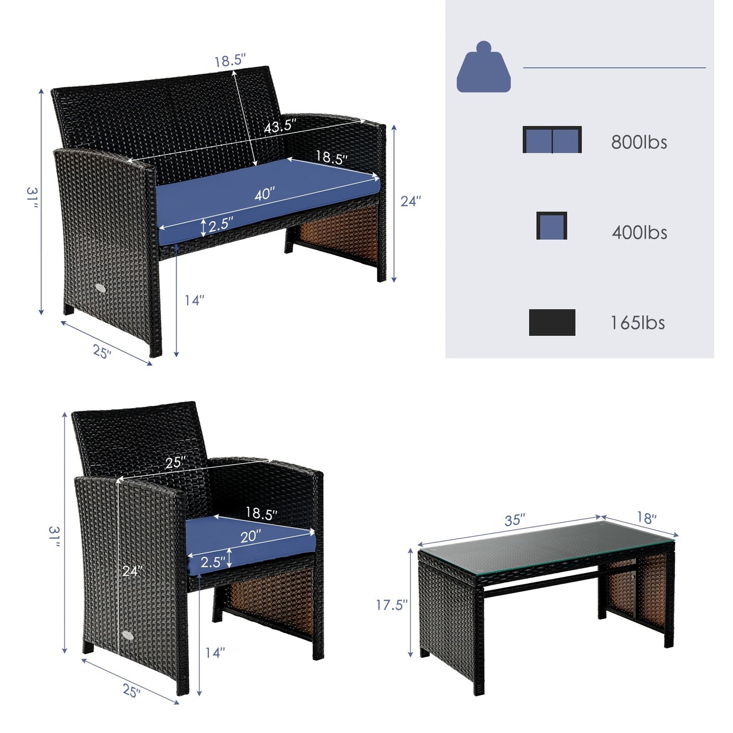 4 Pieces Patio Rattan Cushioned Furniture Set with Coffee Table-Black