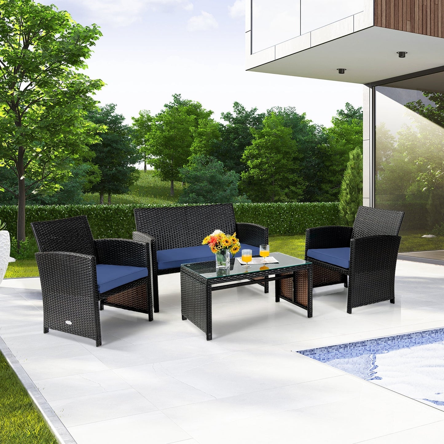 4 Pieces Patio Rattan Cushioned Furniture Set with Coffee Table-Black