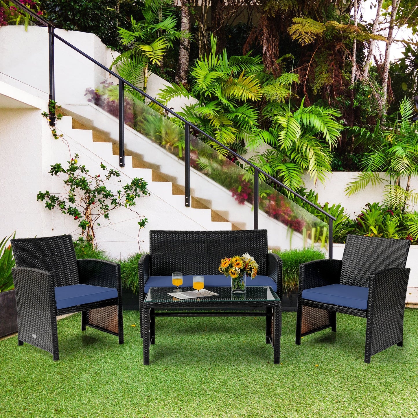 4 Pieces Patio Rattan Cushioned Furniture Set with Coffee Table-Black