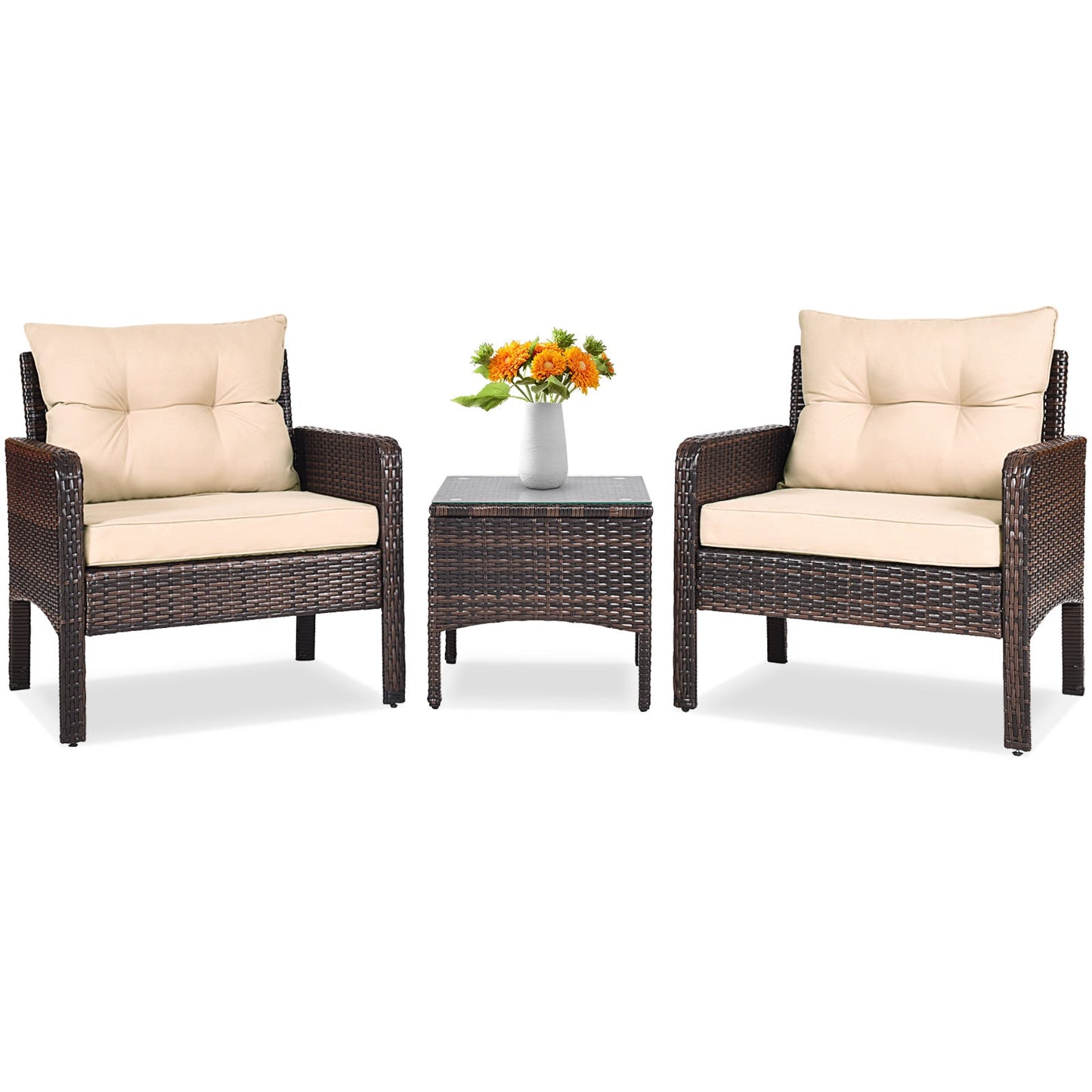 3 Pcs Outdoor Patio Rattan Conversation Set with Seat Cushions-Black