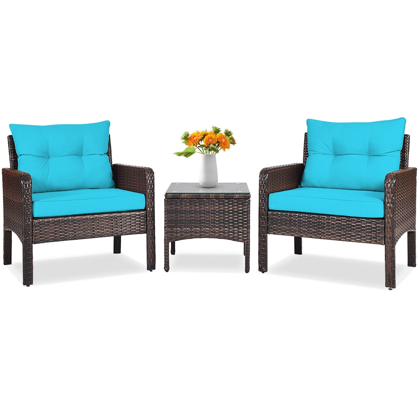 3 Pcs Outdoor Patio Rattan Conversation Set with Seat Cushions-Black