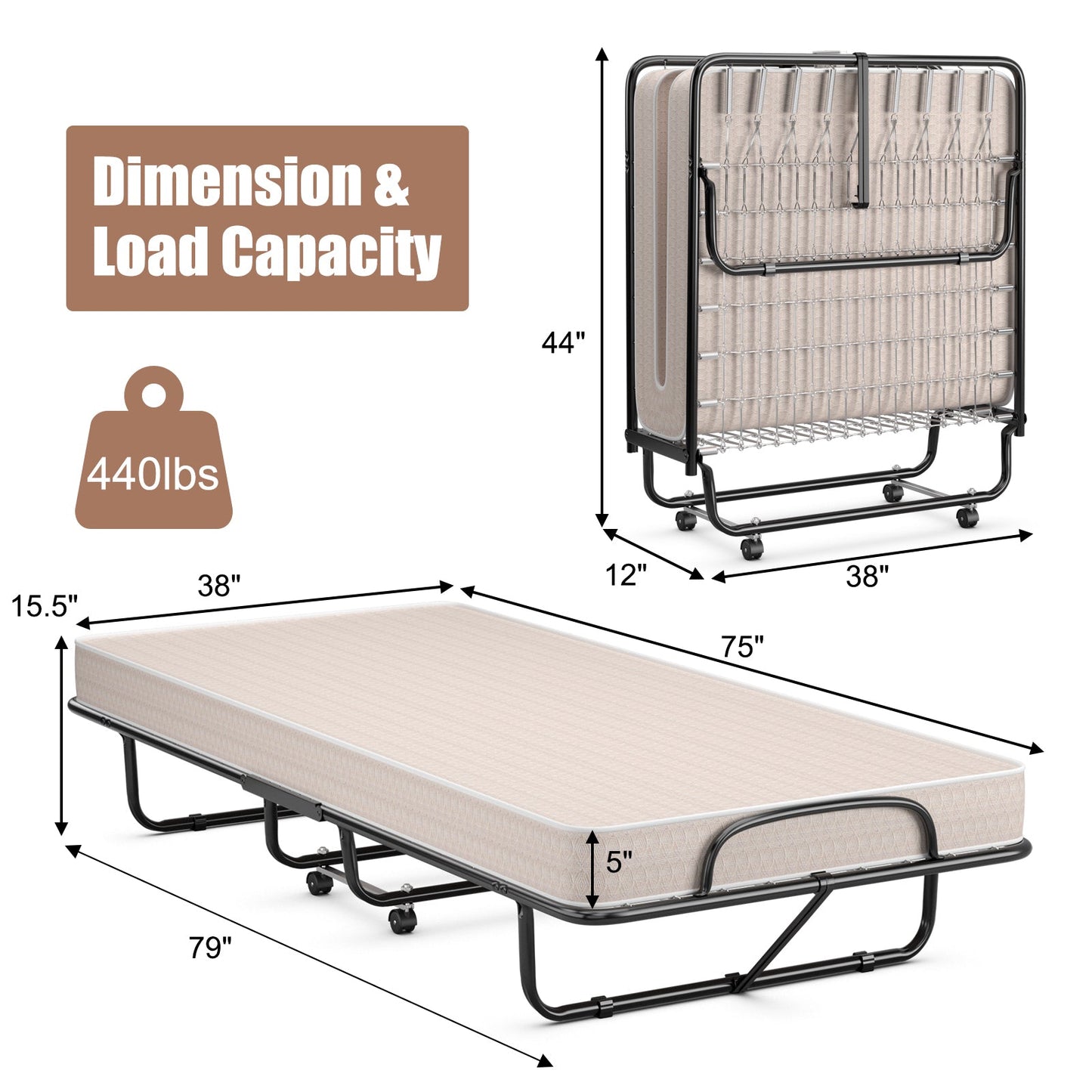 Rollaway Guest Bed with Sturdy Steel Frame and Memory Foam Mattress Made in Italy