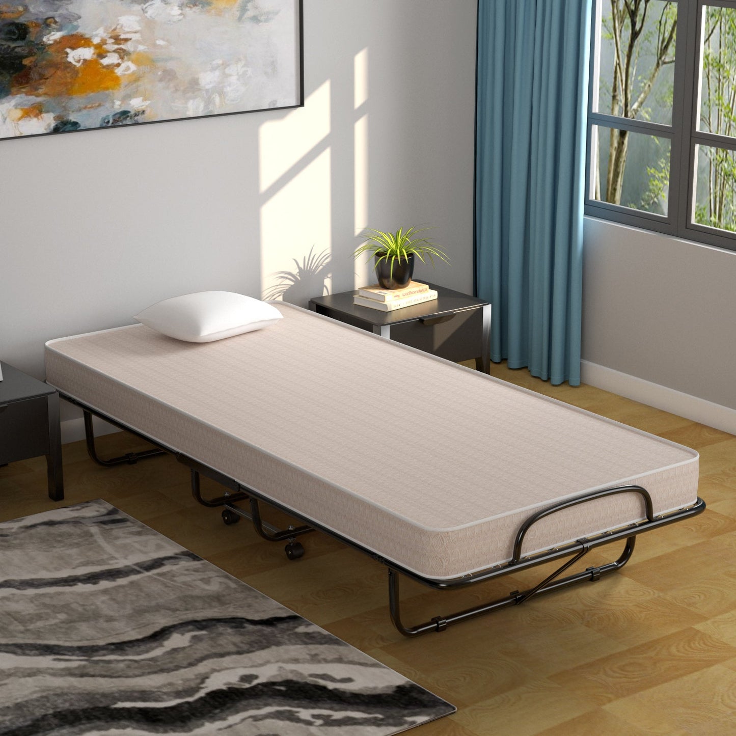 Rollaway Guest Bed with Sturdy Steel Frame and Memory Foam Mattress Made in Italy