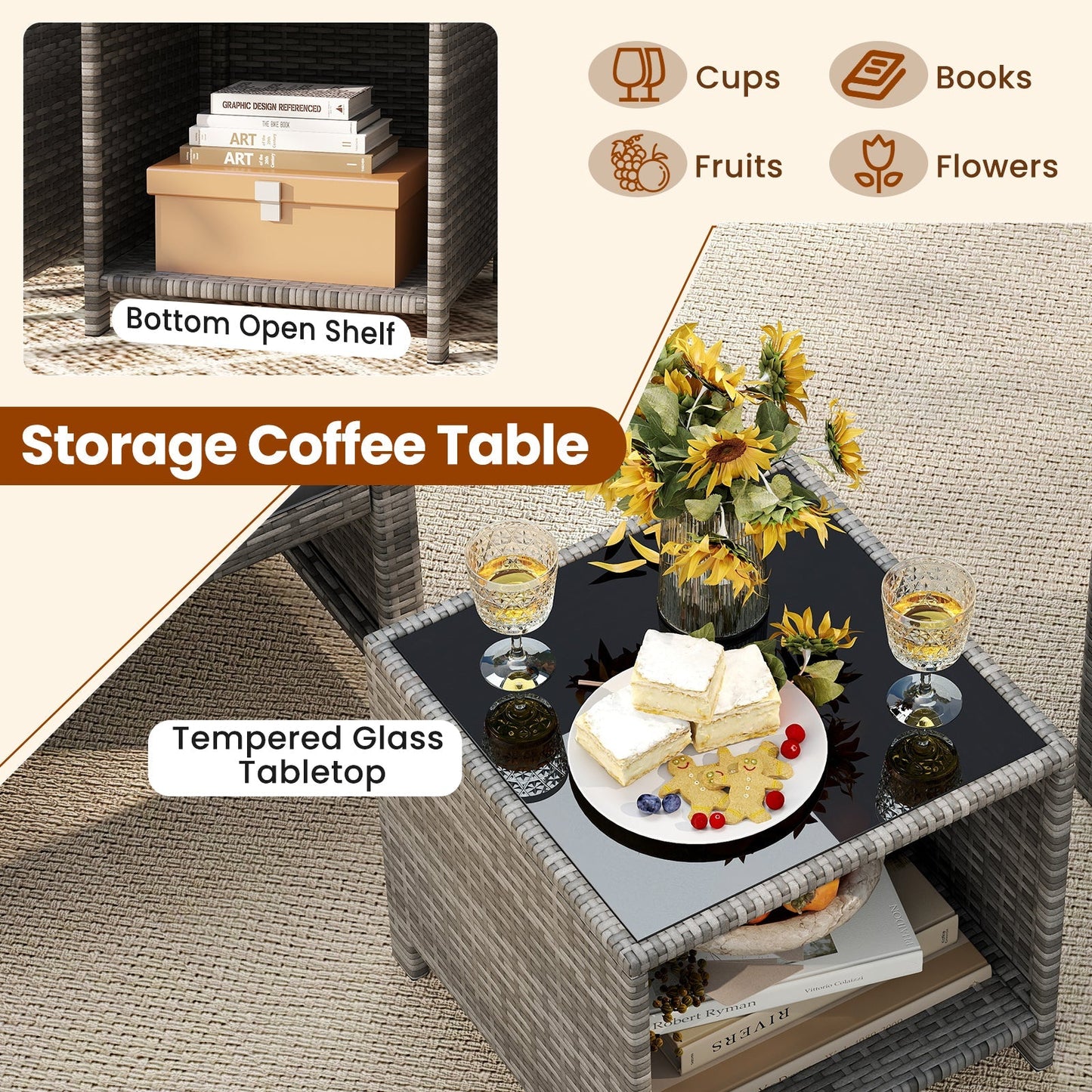 3 Pieces Patio Furniture Set with Tempered Glass Coffee Table and Soft Seat Cushions