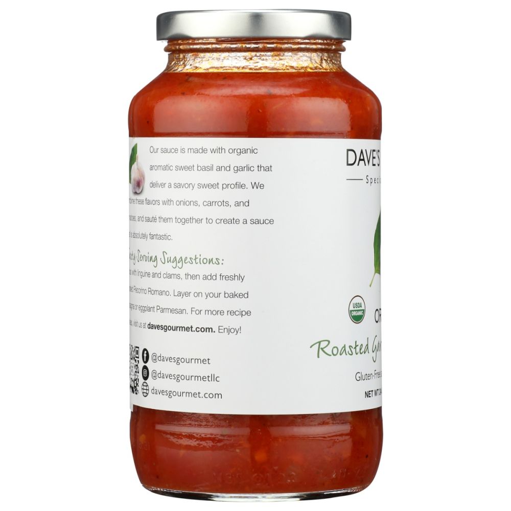 DAVES GOURMET: Organic Roasted Garlic and Sweet Basil Pasta Sauce, 24 oz