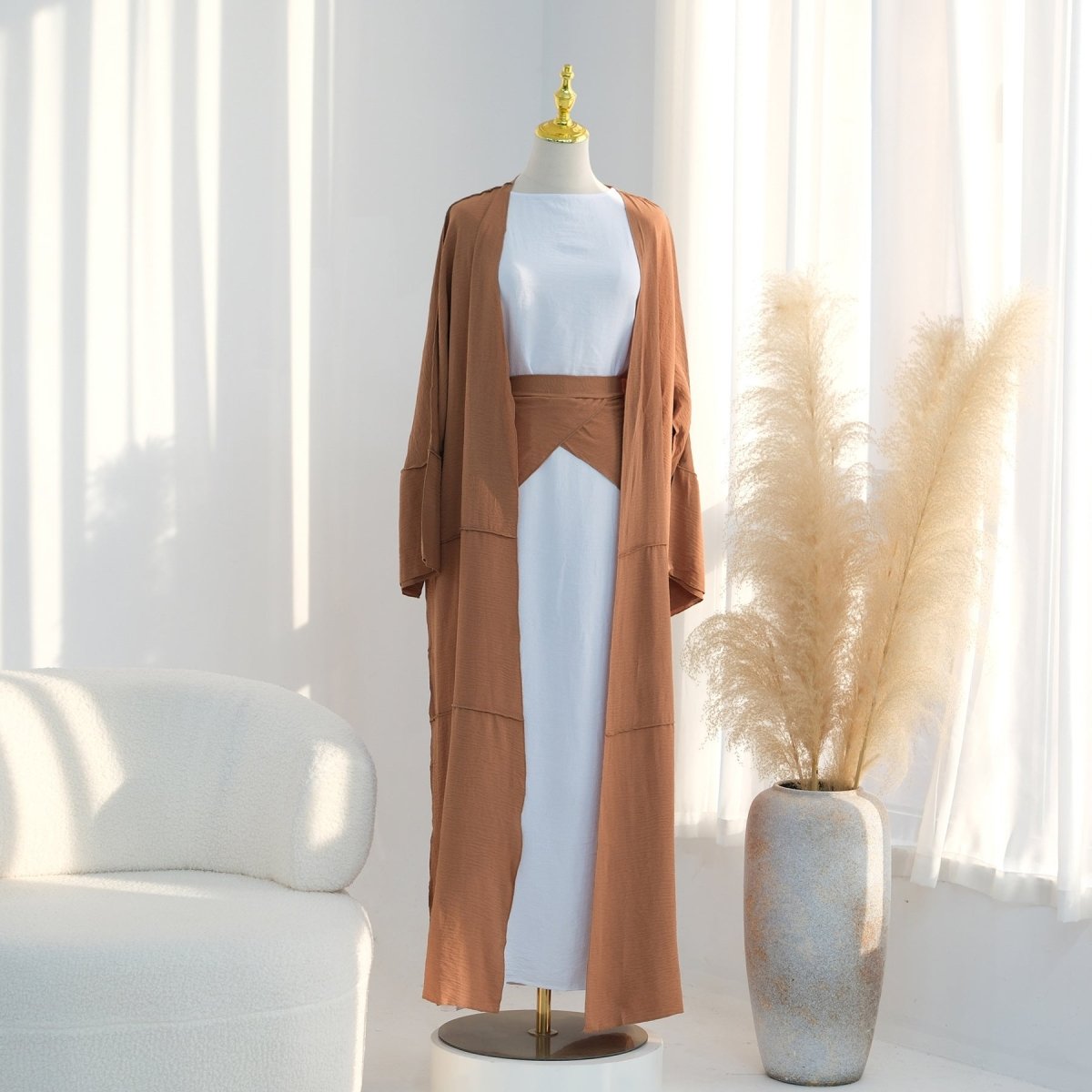 Ice Silk Crinkle Open Abaya with Wide Belt(MOA283)