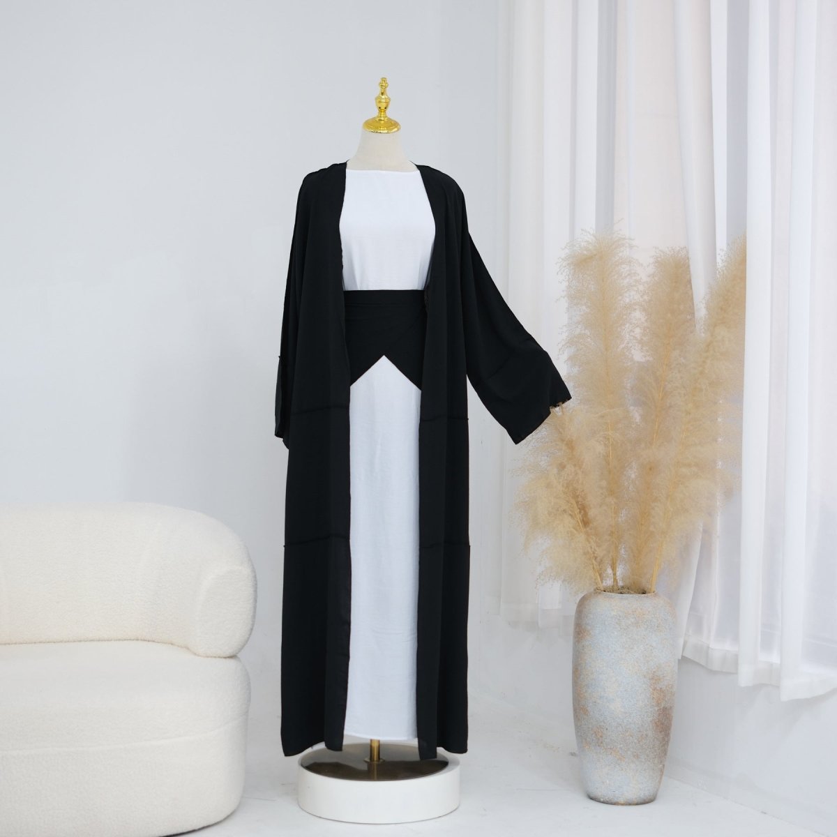 Ice Silk Crinkle Open Abaya with Wide Belt(MOA283)