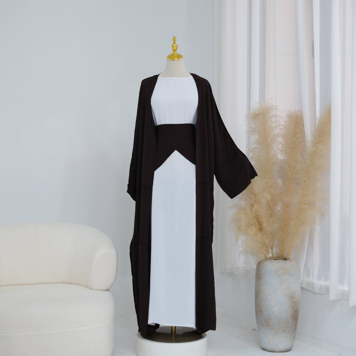 Ice Silk Crinkle Open Abaya with Wide Belt(MOA283)