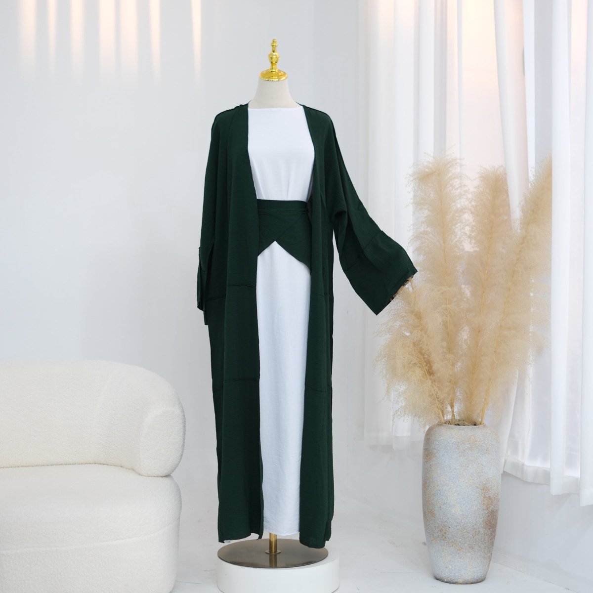 Ice Silk Crinkle Open Abaya with Wide Belt(MOA283)
