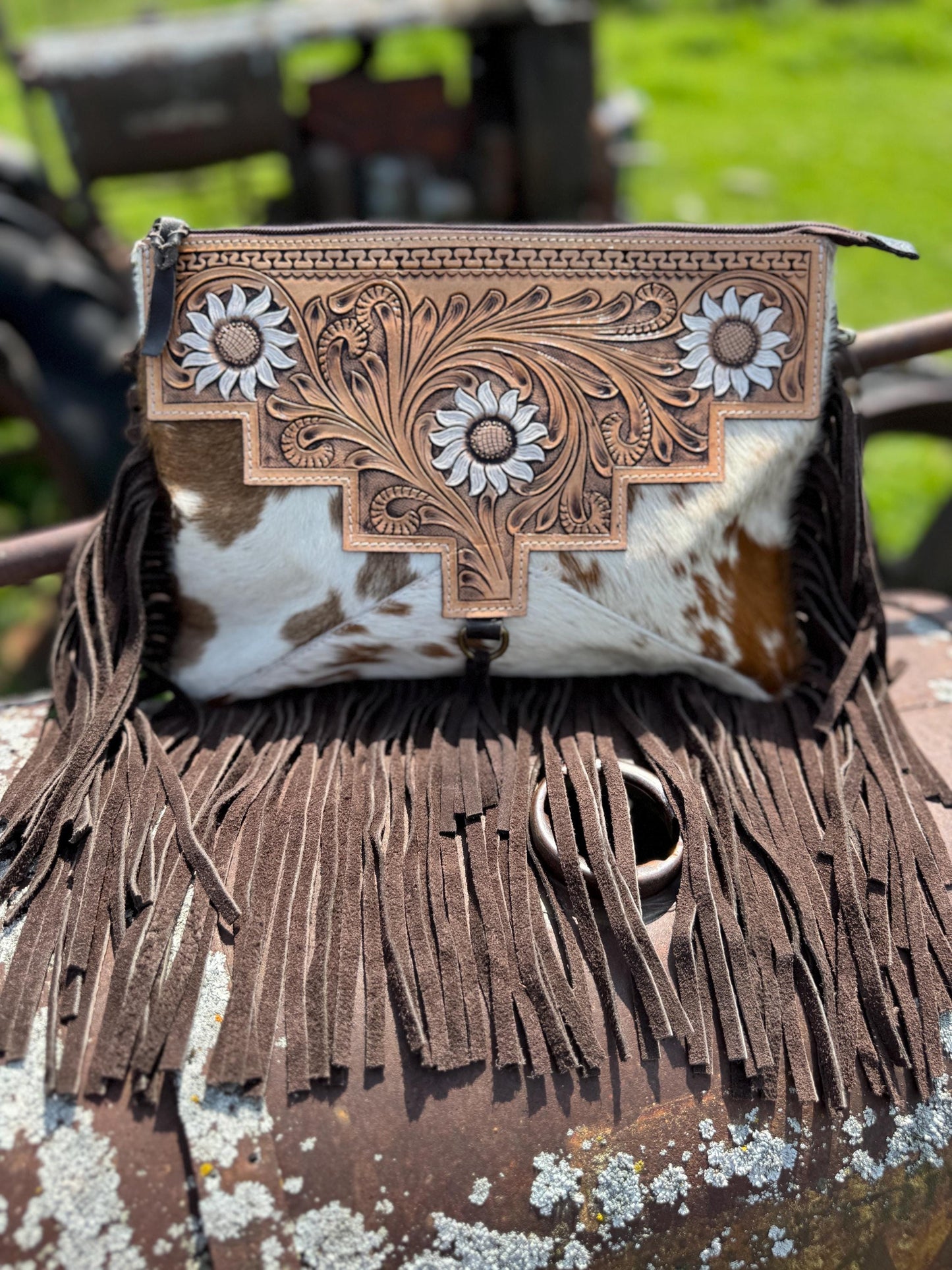 Genuine Western Cowhide Leather Purse or Clutch with white daisy floral painted details a Double B Wild Rags Exclusive
