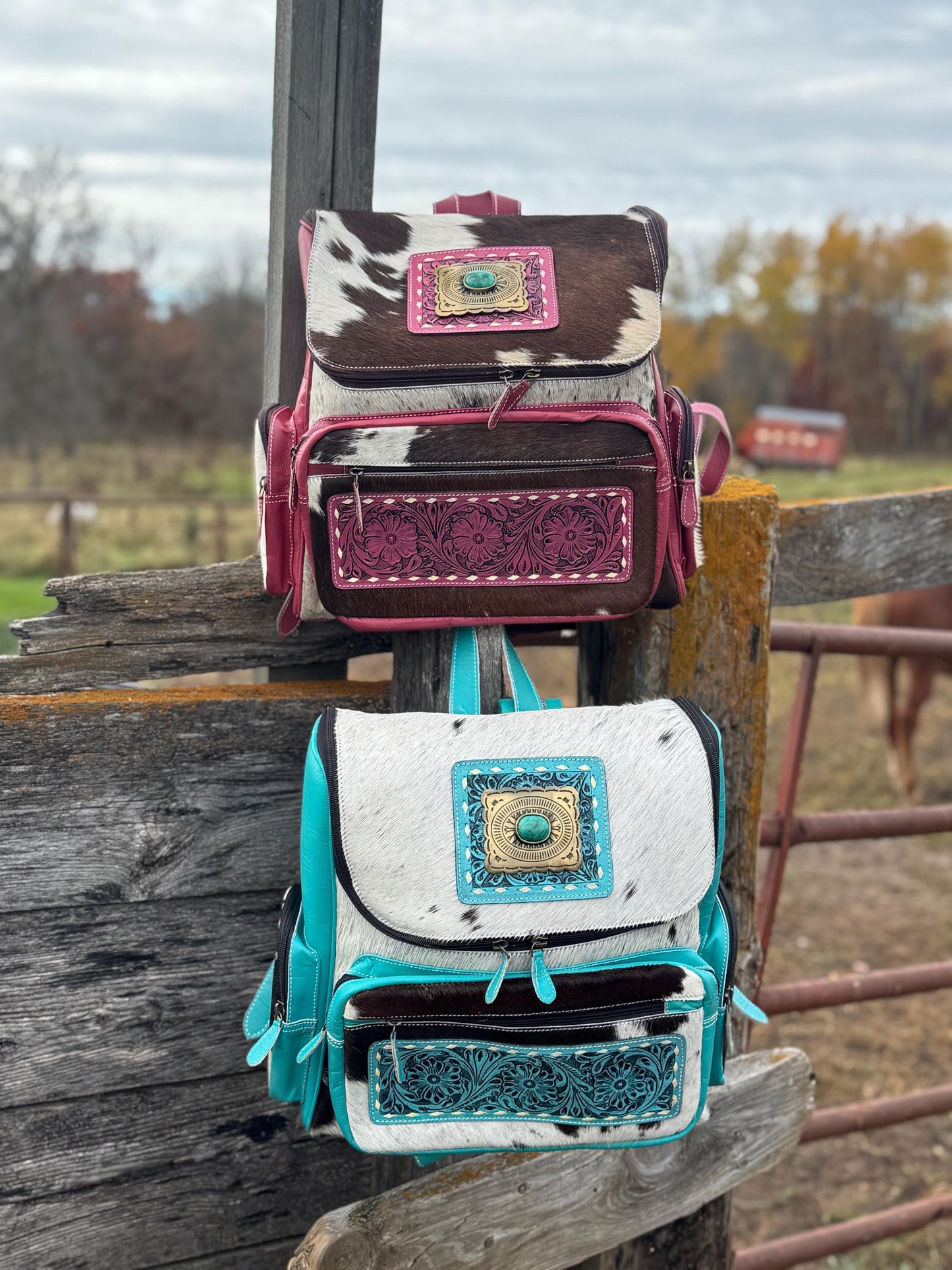 Pink or Turquoise Genuine Western Cowhide Leather Backpack Diaper Bag Personal Item carry-on luggage by Double B Wild Rags