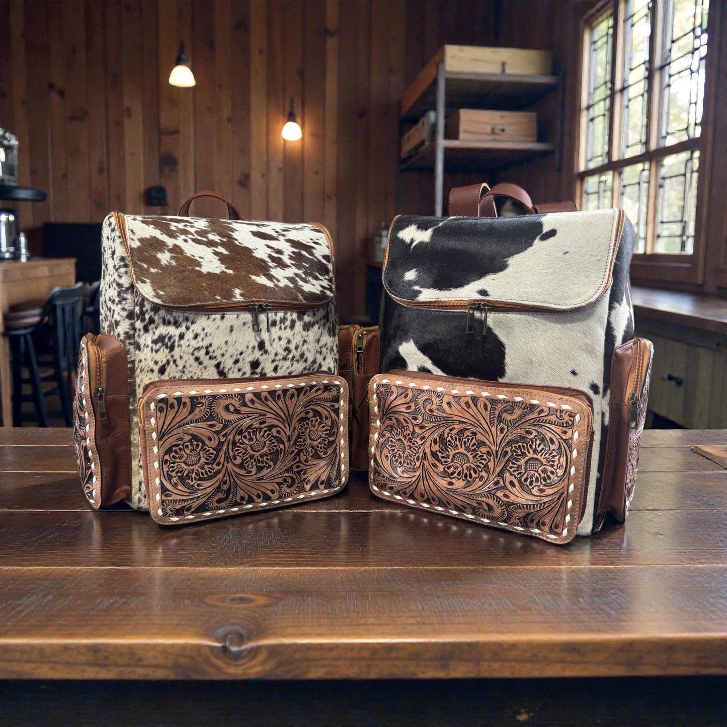 Genuine Western Cowhide Leather Backpack Diaper Bag Personal Item carry-on luggage by Double B Wild Rags