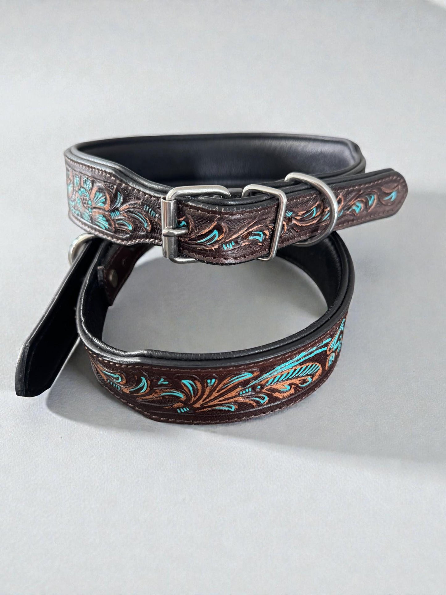 Western leather dog collar with Turquoise Floral details by Double B Wild Rags