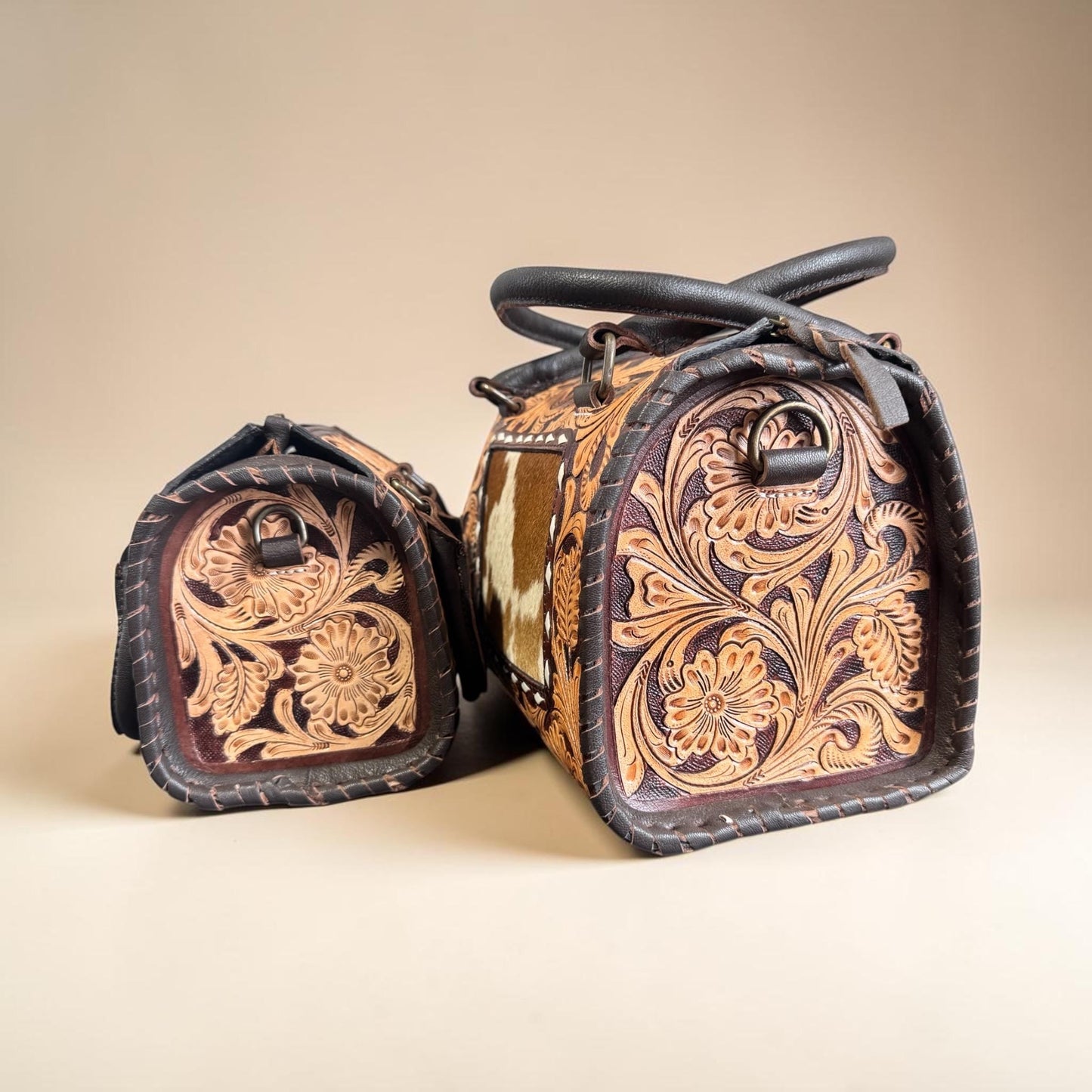 Genuine Western Leather Speedy Barrel Bag with Cowhide and Tooled details by Double B Wild Rags