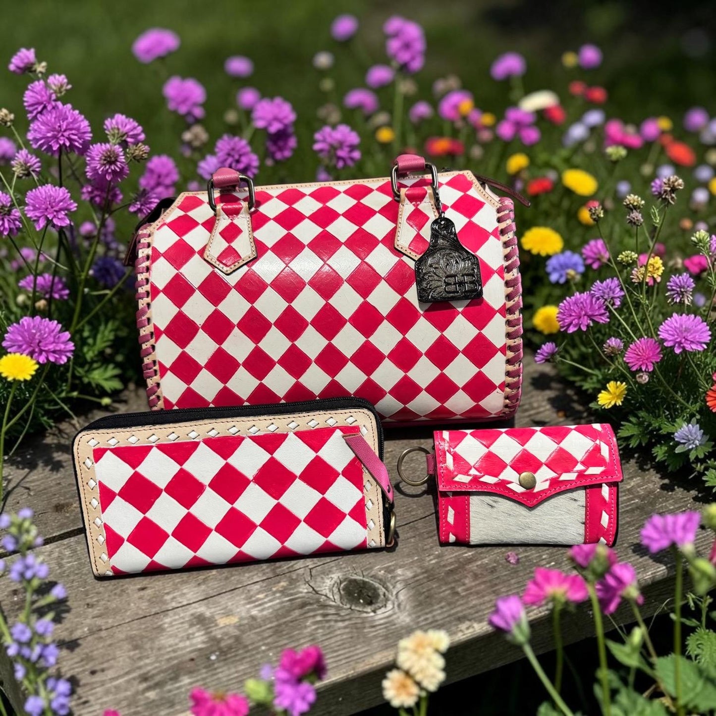 Hot Pink Checkered Speedy Western Genuine Leather Purse and wallet set