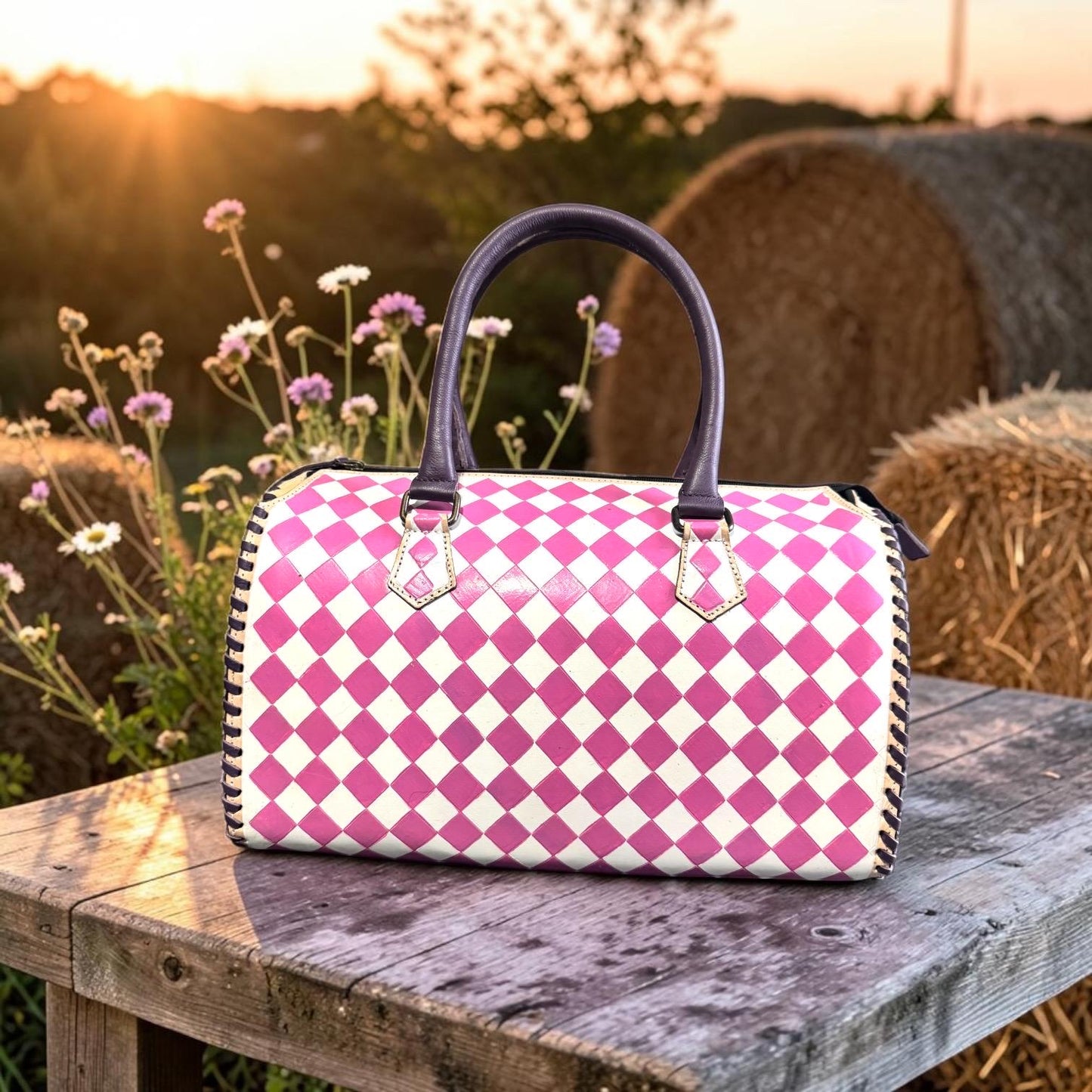 Country Lilac Checkered Speedy Western Genuine Leather Purse