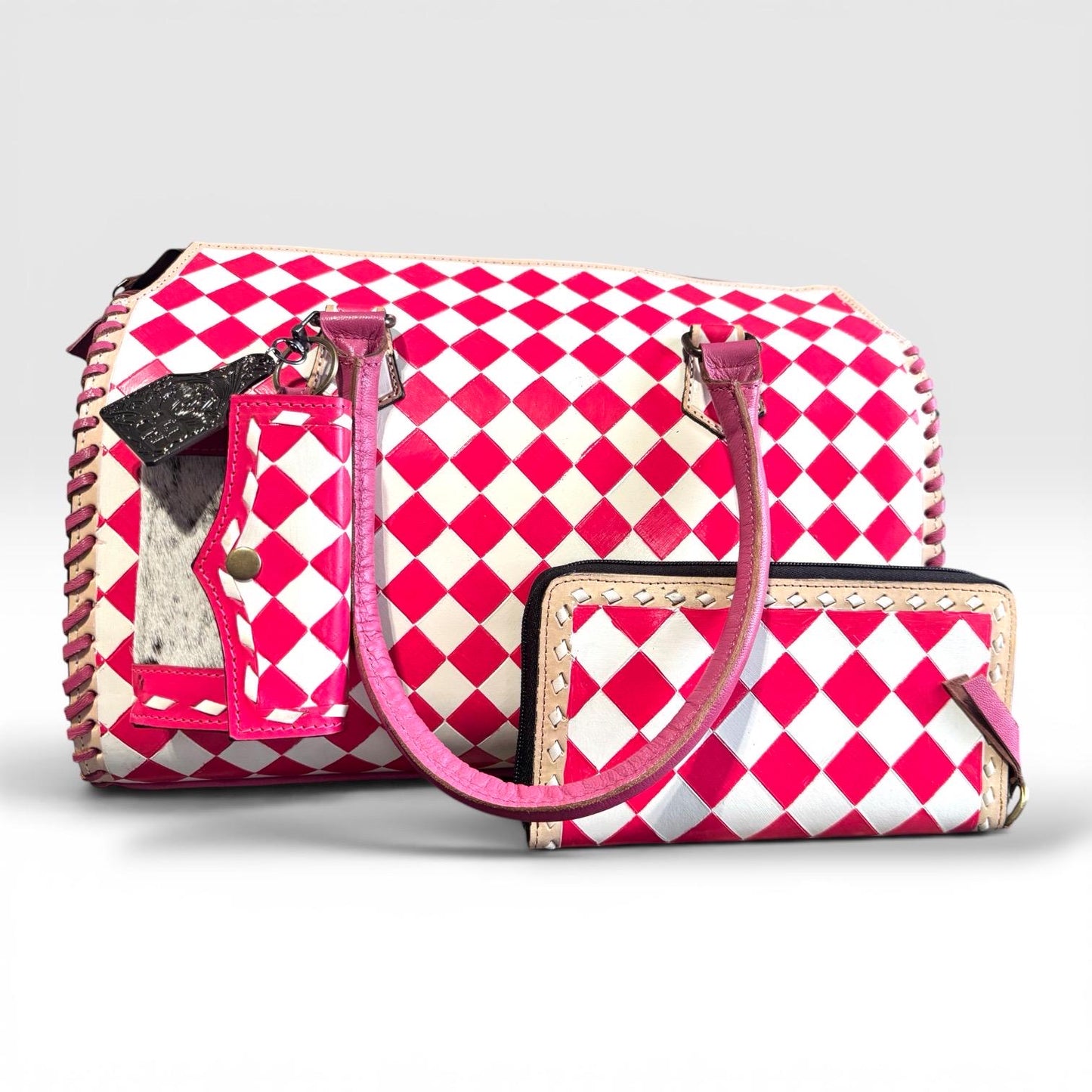 Hot Pink Checkered Speedy Western Genuine Leather Purse and wallet set